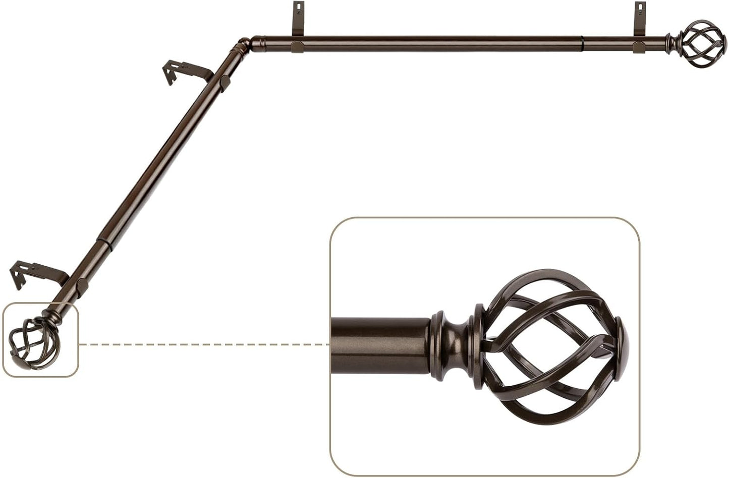 KAMANINA 1 Inch Corner Curtain Rod 36 to 72 Inches (3-6 Feet), Black Curtain Rods for Corner Windows 24 to 68 Inches, Twisted Cage Ends