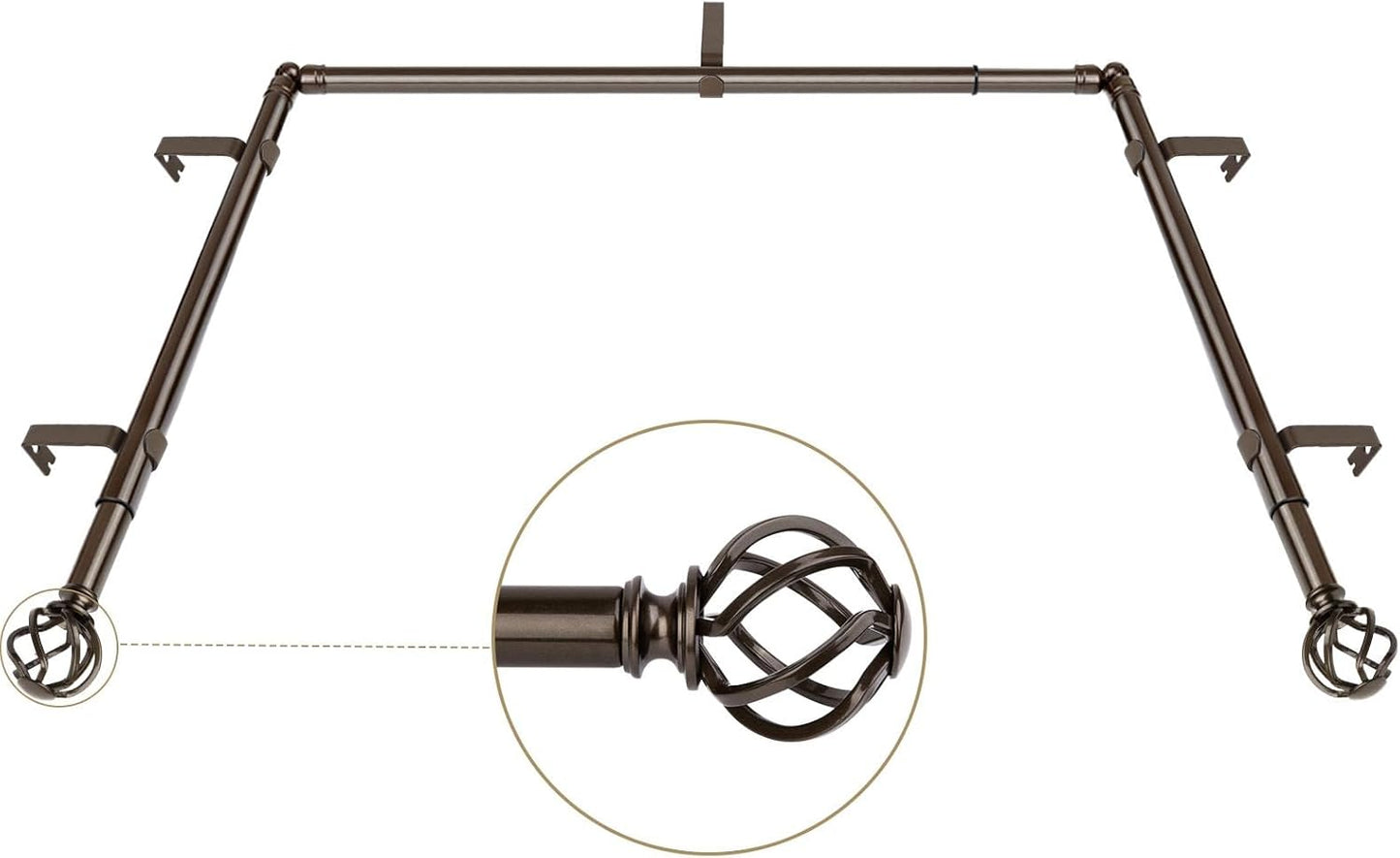 KAMANINA 1 Inch Corner Curtain Rod 36 to 72 Inches (3-6 Feet), Black Curtain Rods for Corner Windows 24 to 68 Inches, Twisted Cage Ends