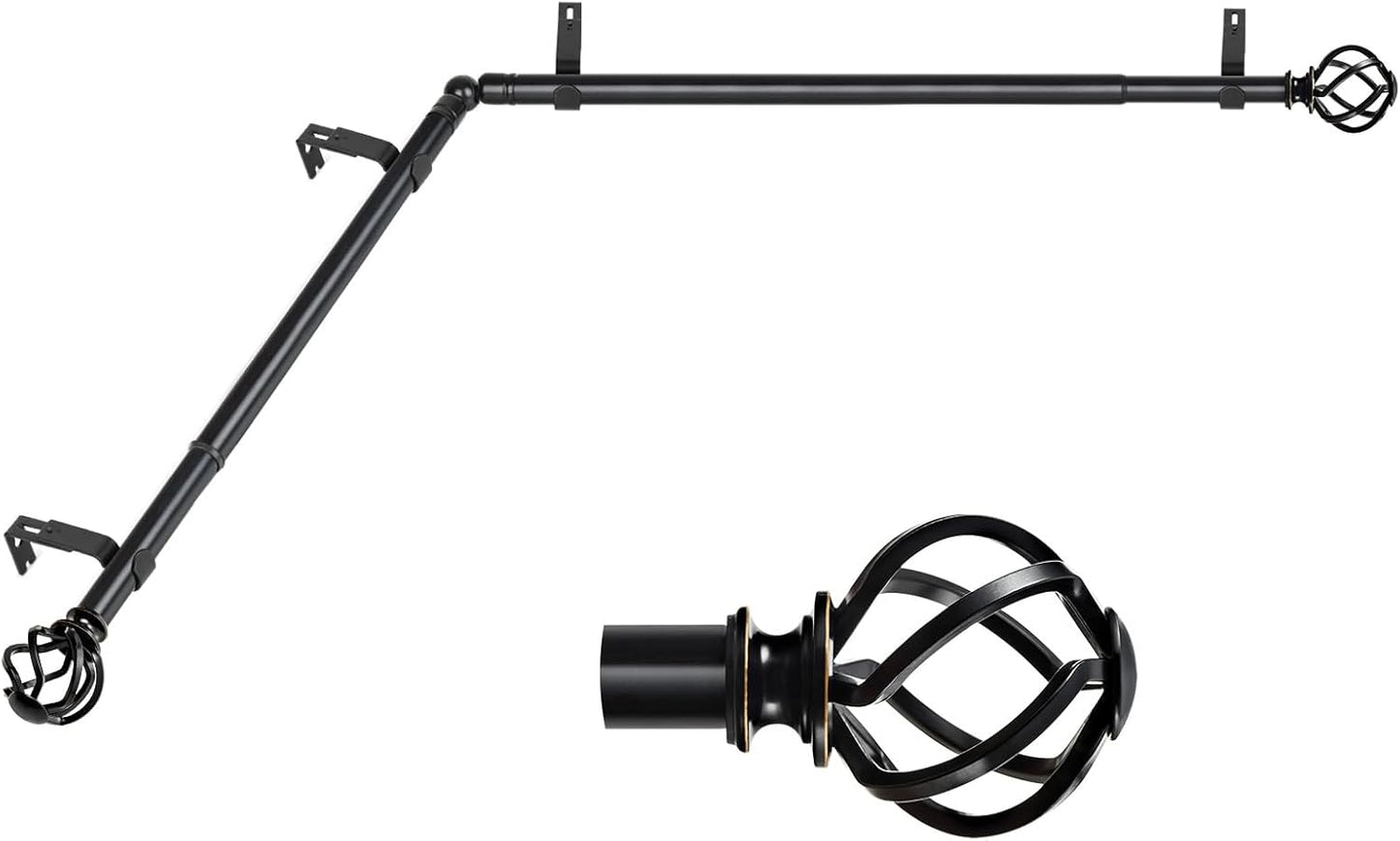 KAMANINA 1 Inch Corner Curtain Rod 36 to 72 Inches (3-6 Feet), Black Curtain Rods for Corner Windows 24 to 68 Inches, Twisted Cage Ends