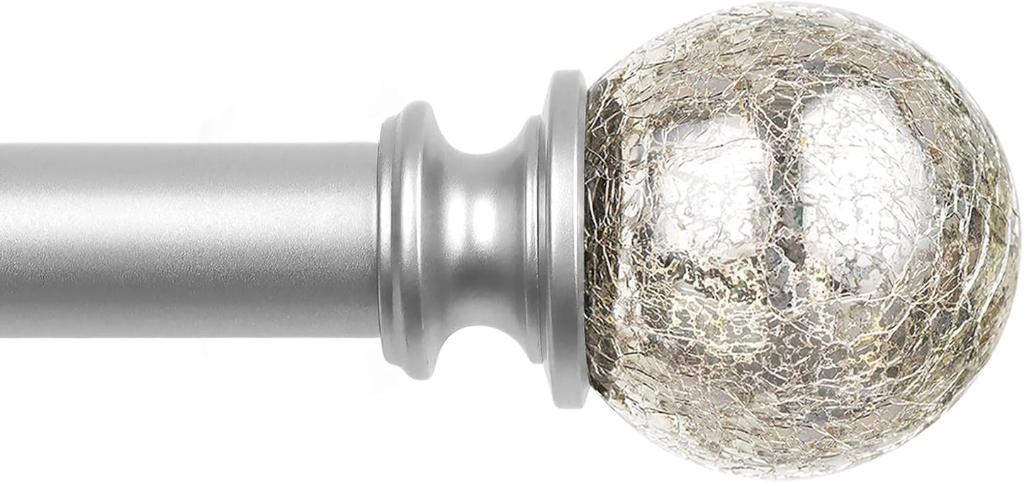 KAMANINA Silver Curtain Rods 32 to 58 Inches (2.6-4.8ft), 7/8 Inch Adjustable Curtain Rod for Windows 28 to 48 Inches, Decorative Curtain Rods with Crackle Glass Finials
