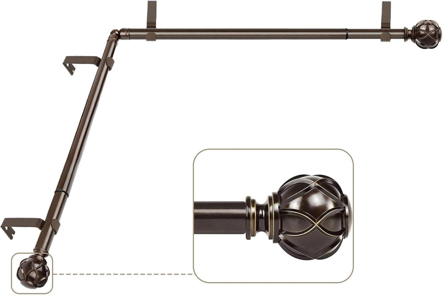 KAMANINA Bay Window Curtain Rods, Telescoping Curtain Rods for Bay Windows 32 to 86 Inch(Center Rod), Bronze Curtain Rod 32 to 58 Inch(Side Rods), Netted Texture Ends