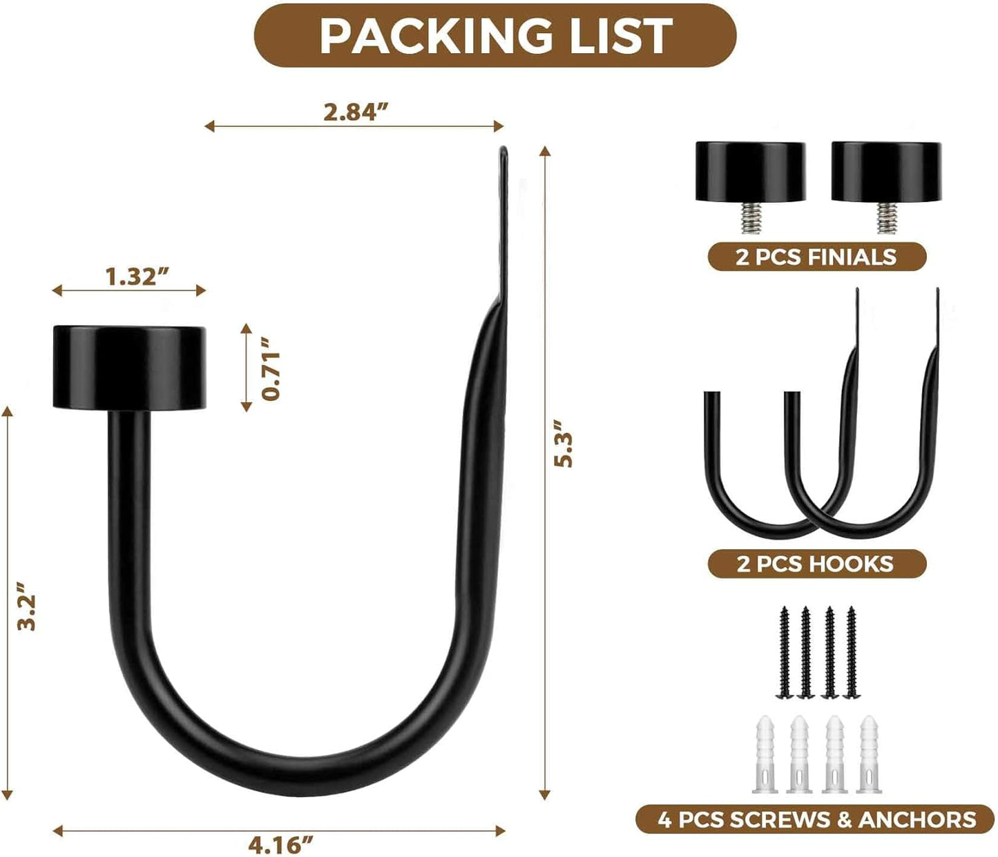 KAMANINA Curtain Holdbacks for Wall, Black Curtain Tiebacks Wall Mounted, Curtain Hooks Holders for Drapes, Modern Cap Finials (2 Pack)