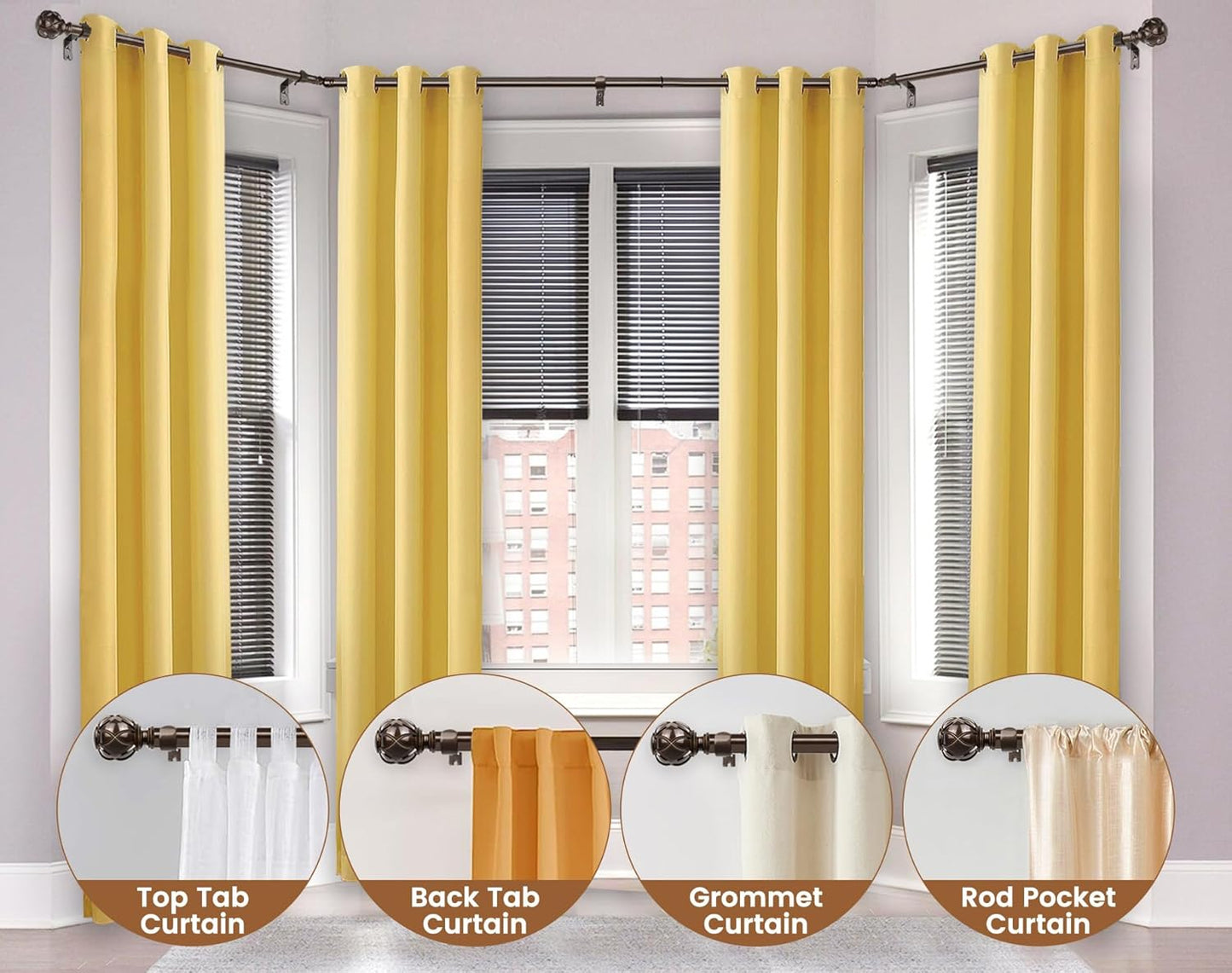 KAMANINA Bay Window Curtain Rods, Telescoping Curtain Rods for Bay Windows 32 to 86 Inch(Center Rod), Bronze Curtain Rod 32 to 58 Inch(Side Rods), Netted Texture Ends