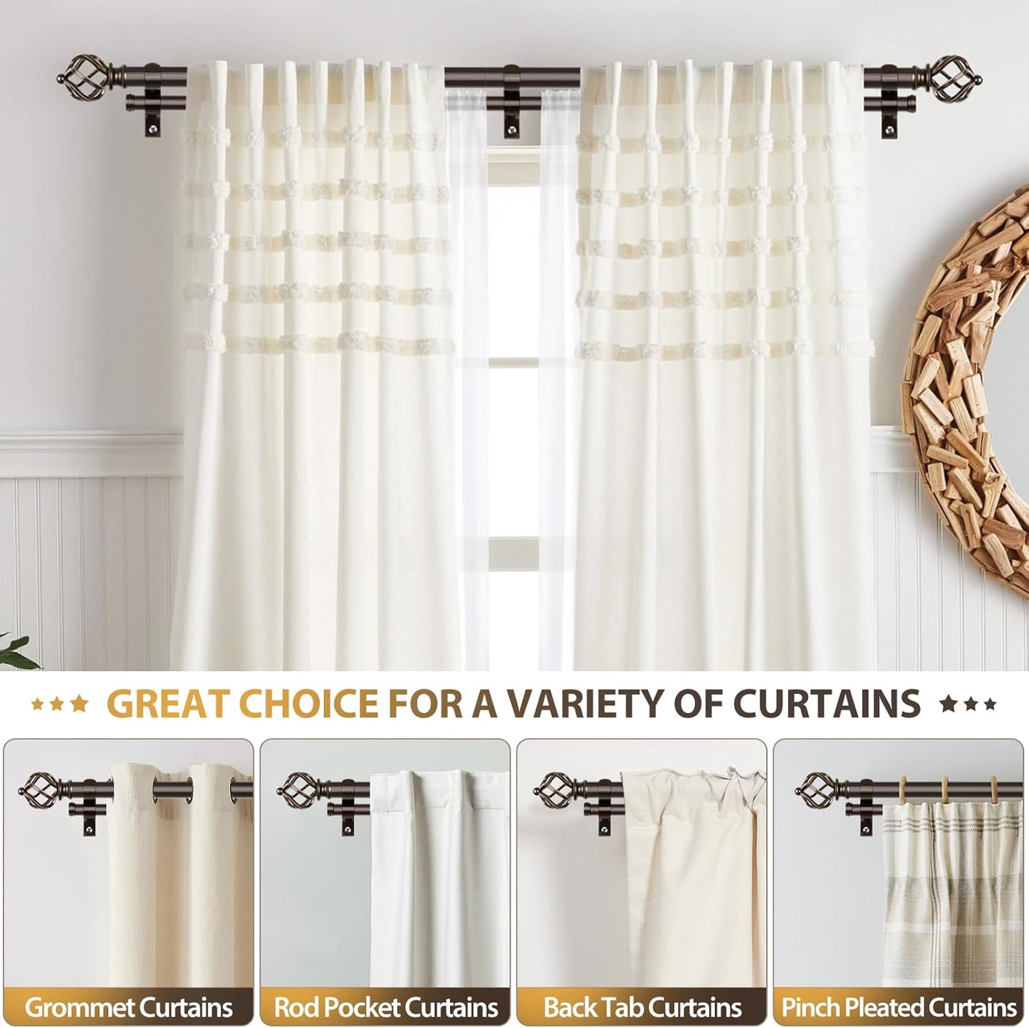 KAMANINA Double Curtain Rod 72 to 144 Inches(6-12 Feet) Antique Bronze Curtain Rods for Windows 66 to 120 Inches, 7/8 Inch Heavy Duty Drapery Rod with Twisted Cage Finials