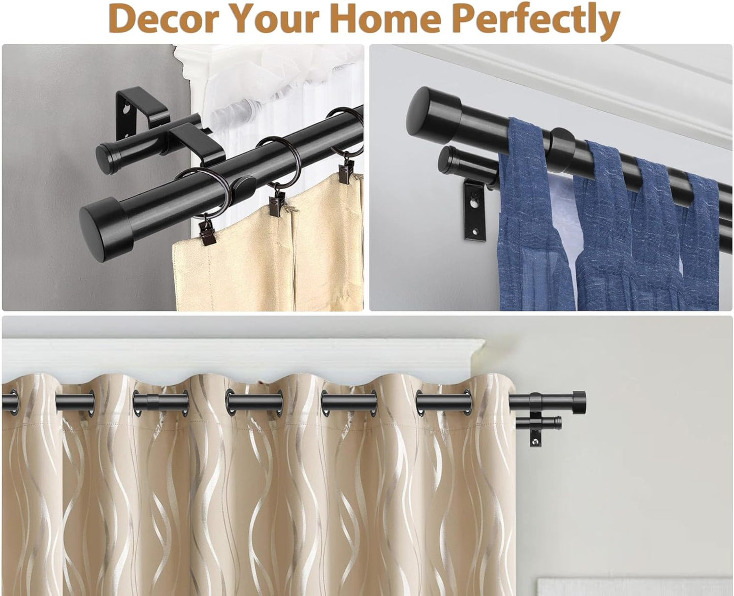 KAMANINA 1 Inch Double Curtain Rods 66 to 120 Inches (5.5-10 Feet), Heavy Duty Adjustable Double Curtain Rod for Windows, Black Drapery Rods with End Caps