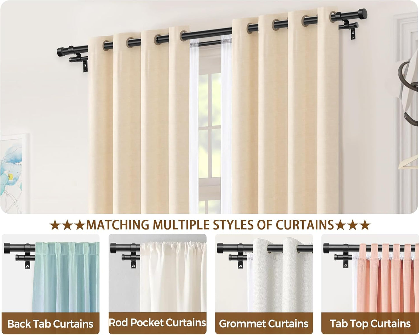 KAMANINA 1 Inch Double Curtain Rods 66 to 120 Inches (5.5-10 Feet), Heavy Duty Adjustable Double Curtain Rod for Windows, Black Drapery Rods with End Caps