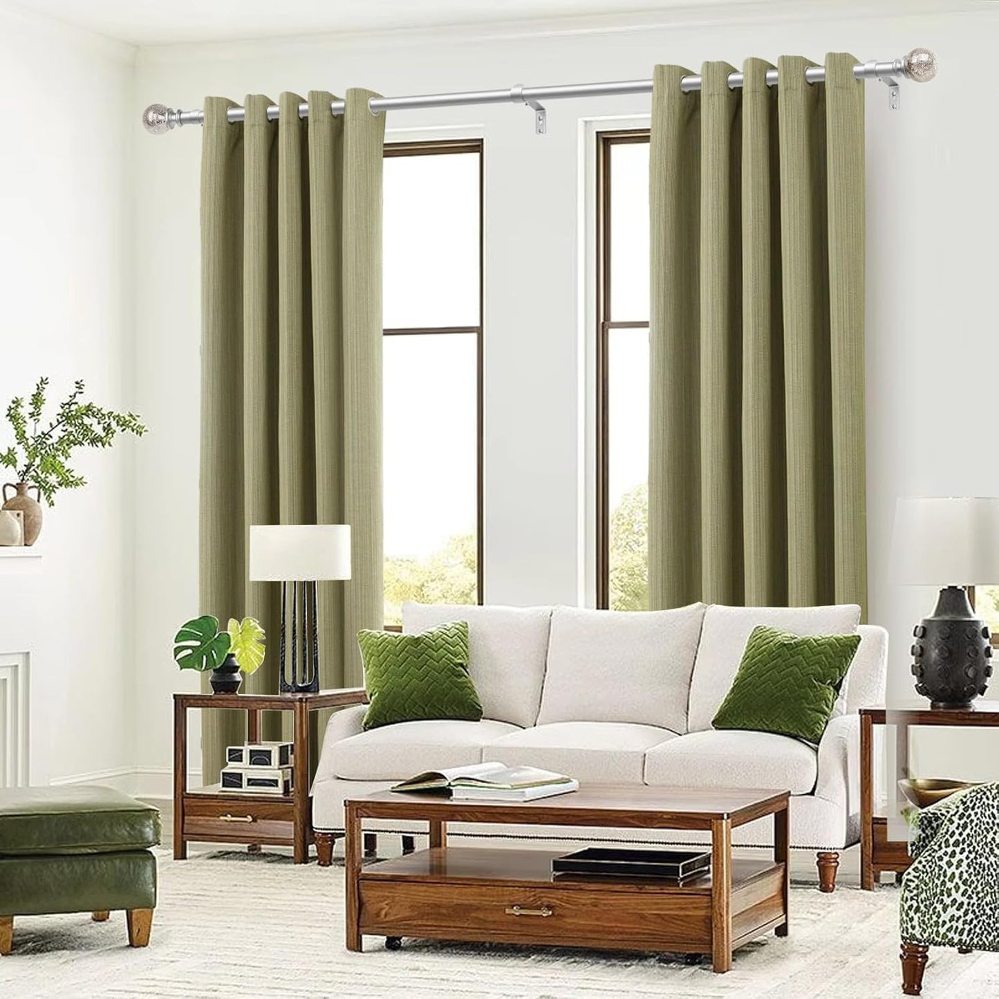 KAMANINA Silver Curtain Rods 32 to 58 Inches (2.6-4.8ft), 7/8 Inch Adjustable Curtain Rod for Windows 28 to 48 Inches, Decorative Curtain Rods with Crackle Glass Finials