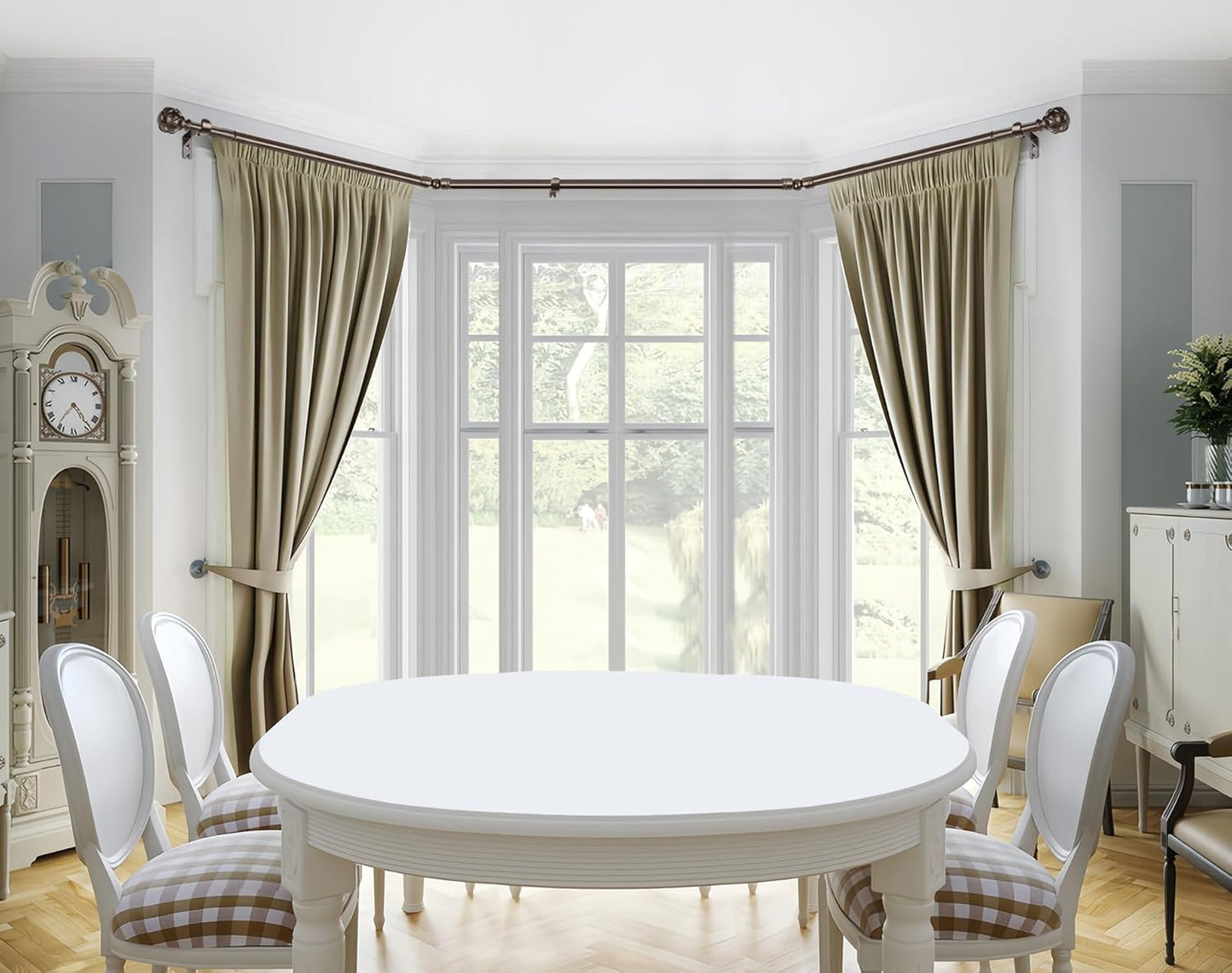 KAMANINA Bay Window Curtain Rods, Telescoping Curtain Rods for Bay Windows 32 to 86 Inch(Center Rod), Bronze Curtain Rod 32 to 58 Inch(Side Rods), Netted Texture Ends
