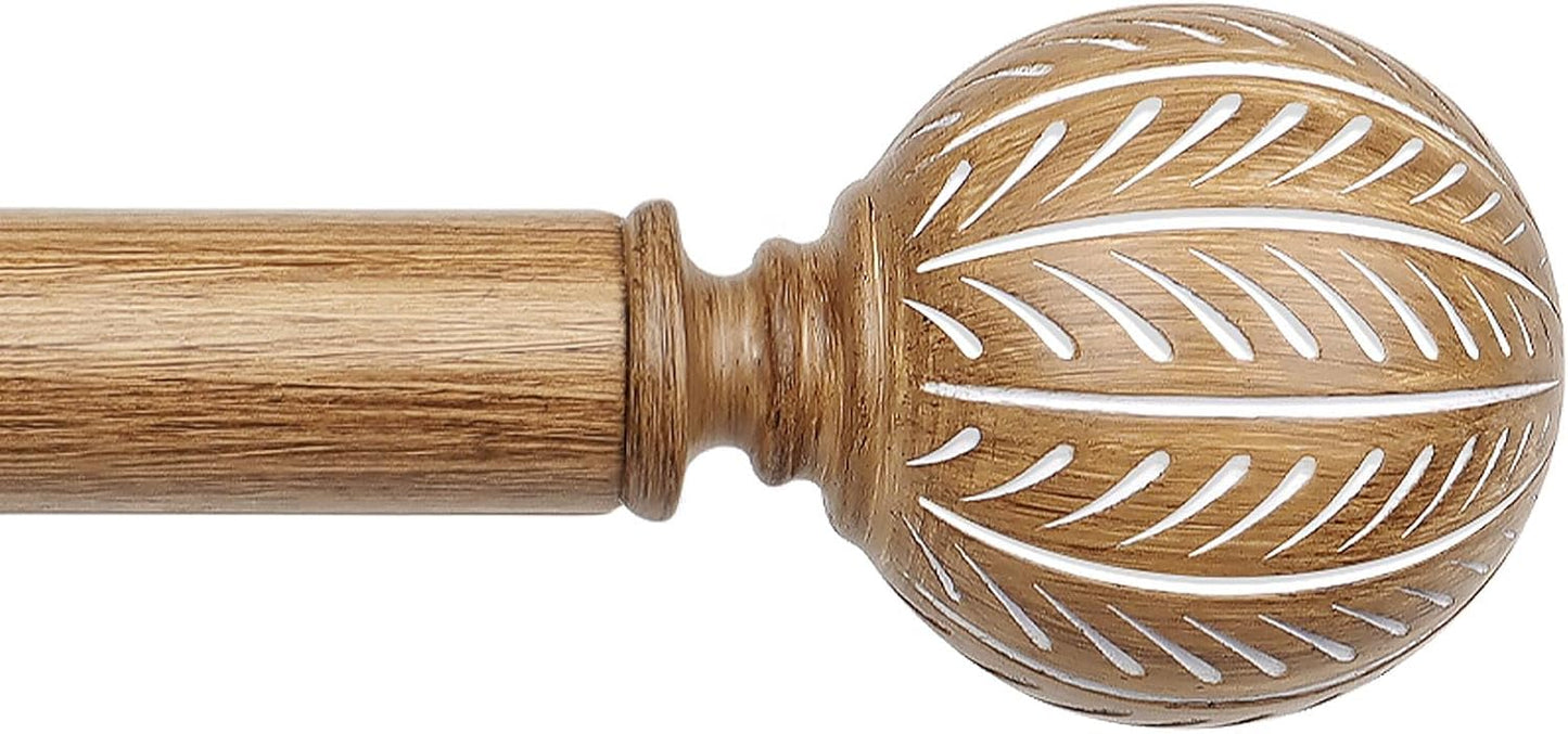 KAMANINA Wood Curtain Rods for Windows 48 to 84 Inch(4-7ft), 1 Inch Adjustable Drapery Rod, Decorative Heavy Duty Curtain Rods with Leaf Pattern Finials, Wood Grain