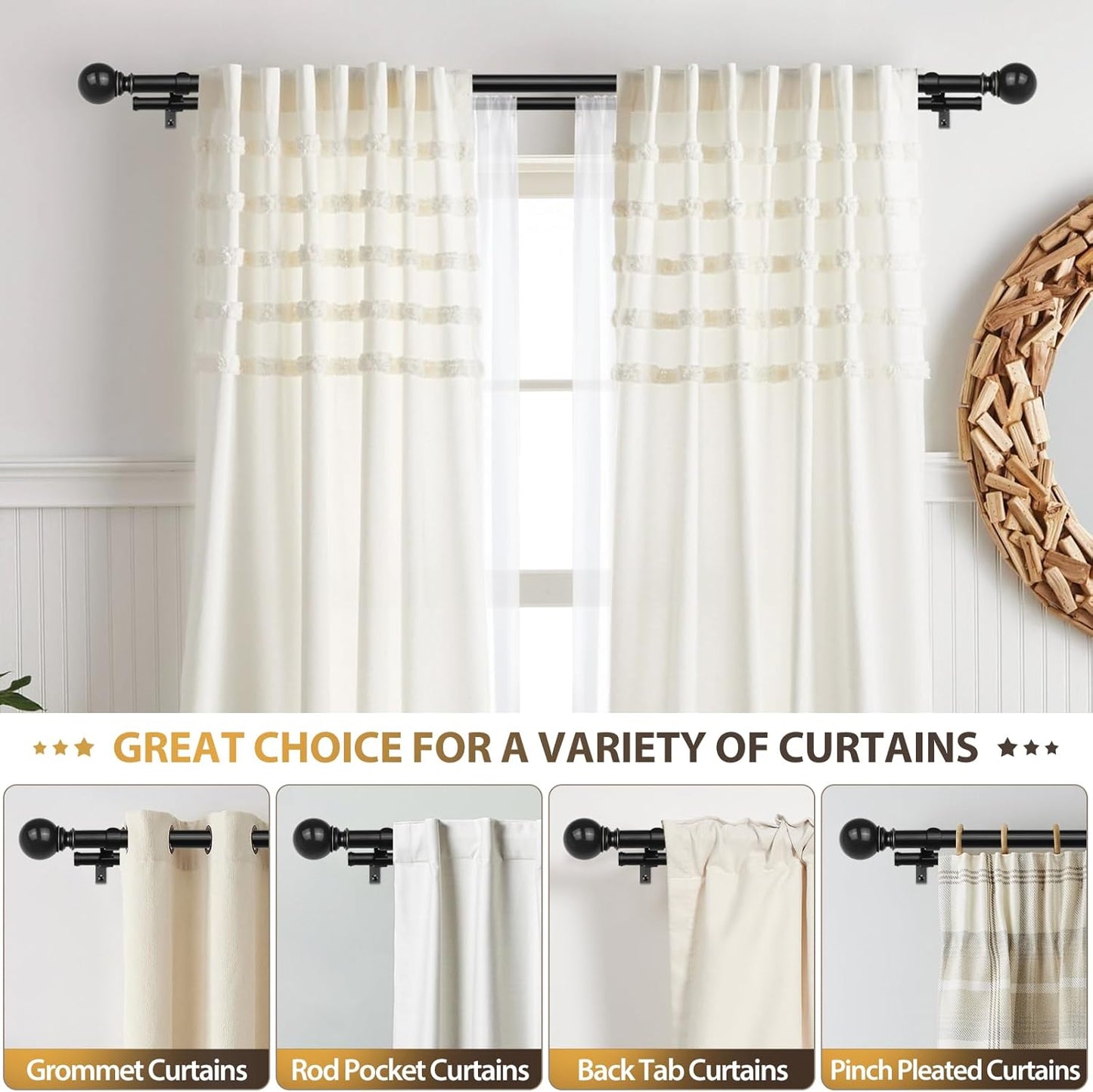 KAMANINA 1 Inch Double Curtain Rod 72 to 144 Inches(6-12 Feet), Black Telescoping Curtain Rods for Windows 66 to 120 Inches, Heavy Duty Drapery Rod with Round Finials
