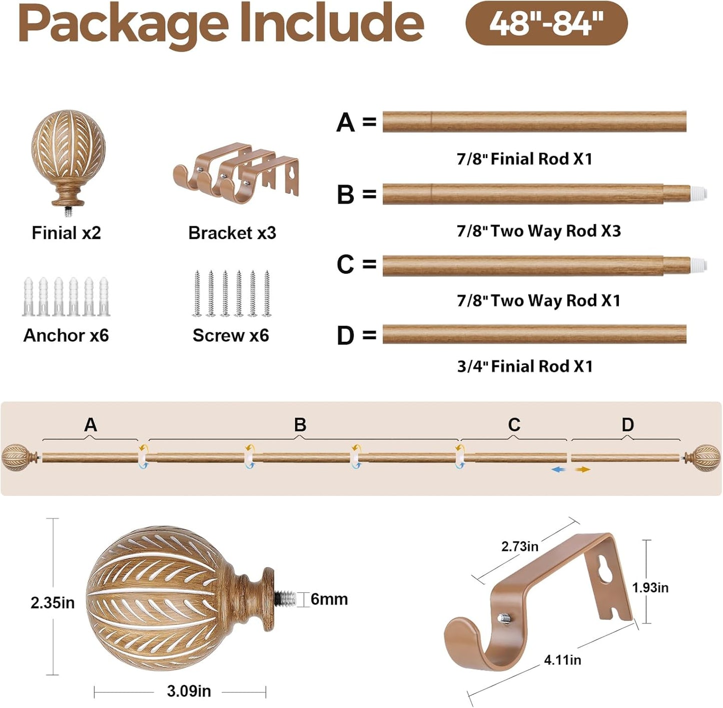 KAMANINA Wood Curtain Rods for Windows 48 to 84 Inch(4-7ft), 1 Inch Adjustable Drapery Rod, Decorative Heavy Duty Curtain Rods with Leaf Pattern Finials, Wood Grain