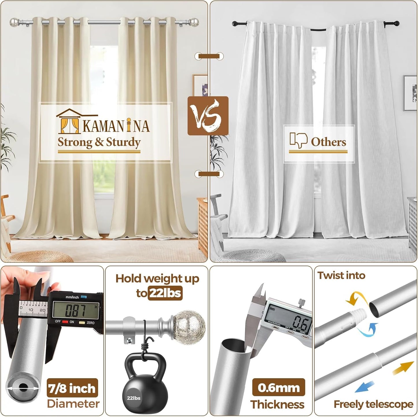 KAMANINA Silver Curtain Rods 32 to 58 Inches (2.6-4.8ft), 7/8 Inch Adjustable Curtain Rod for Windows 28 to 48 Inches, Decorative Curtain Rods with Crackle Glass Finials