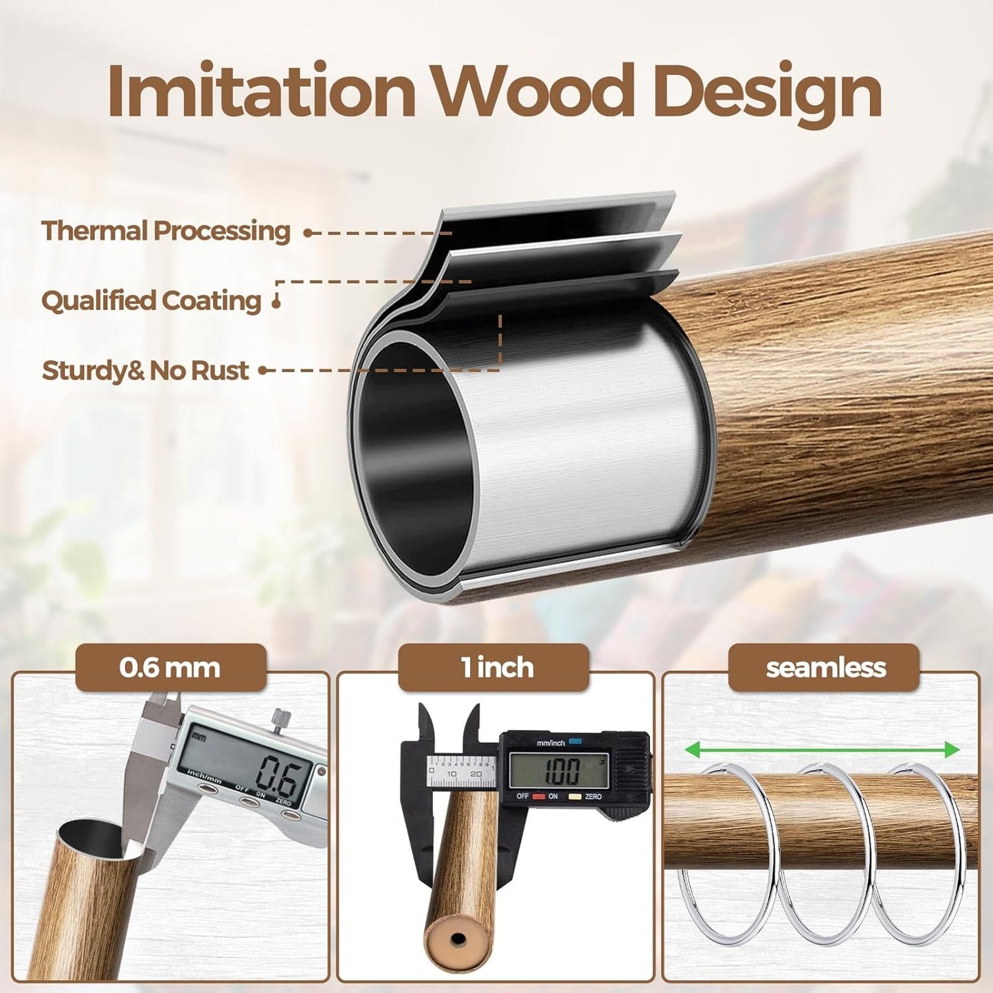 KAMANINA Wood Curtain Rods for Windows 48 to 84 Inch(4-7ft), 1 Inch Adjustable Drapery Rod, Decorative Heavy Duty Curtain Rods with Leaf Pattern Finials, Wood Grain