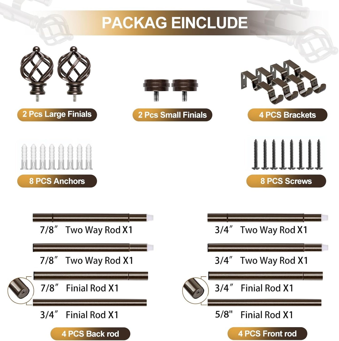 KAMANINA Double Curtain Rod 72 to 144 Inches(6-12 Feet) Antique Bronze Curtain Rods for Windows 66 to 120 Inches, 7/8 Inch Heavy Duty Drapery Rod with Twisted Cage Finials