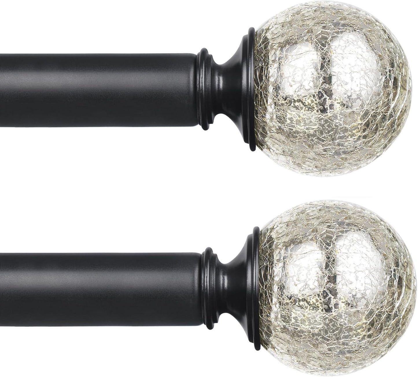 KAMANINA Silver Curtain Rods 32 to 58 Inches (2.6-4.8ft), 7/8 Inch Adjustable Curtain Rod for Windows 28 to 48 Inches, Decorative Curtain Rods with Crackle Glass Finials