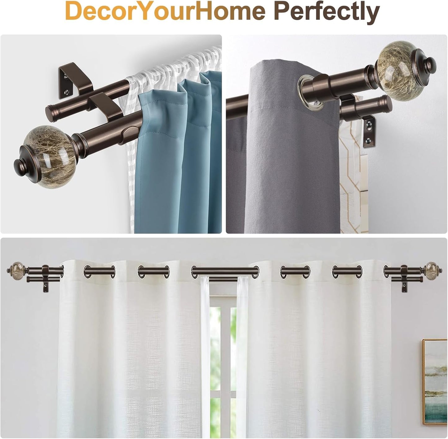 KAMANINA Bronze Double Curtain Rod 72 to 144 Inches (6-12ft), 1 Inch Telescoping Curtain Rods for Windows, Long Dual Curtain Rods with Marbled Finials