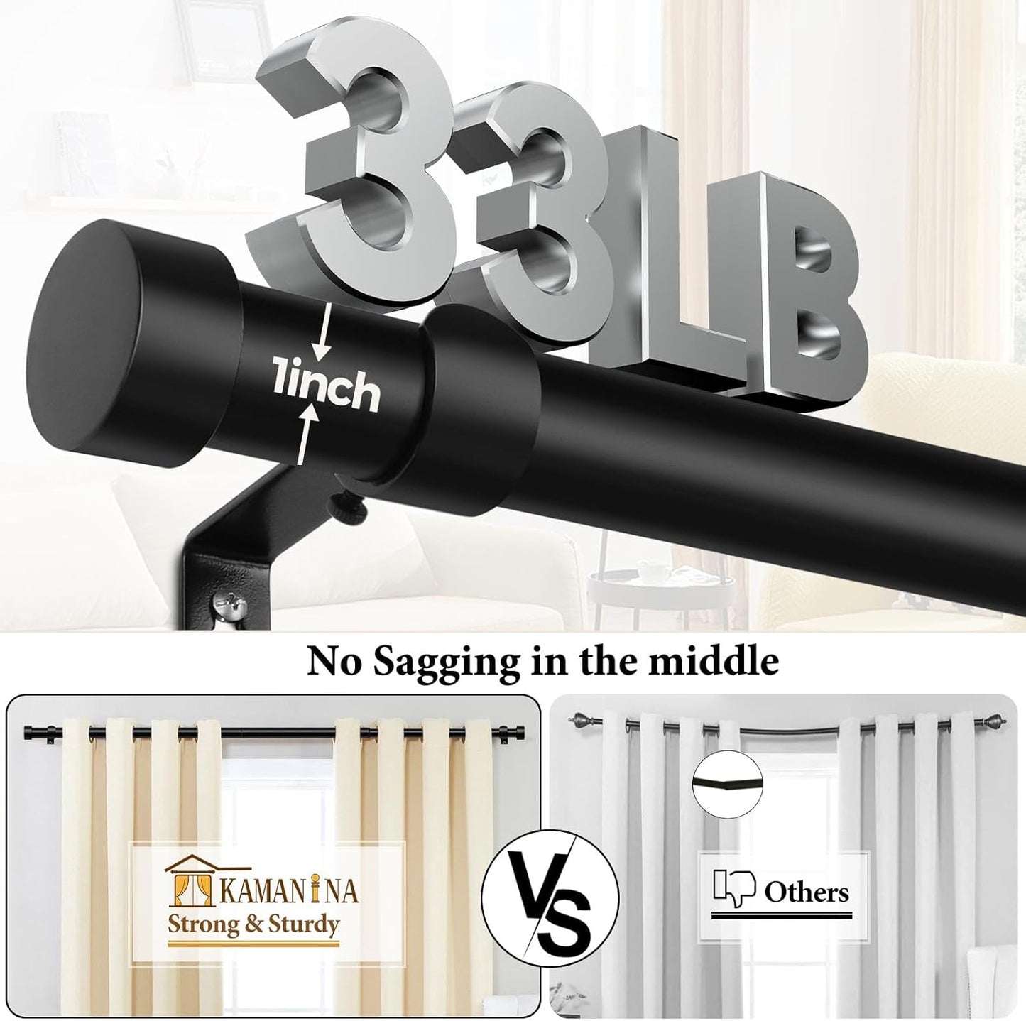 KAMANINA Black Curtain Rods 32 to 144 Inch (2.6-12 Feet), 1 Inch Heavy Duty Curtain Rods for Windows, Modern Adjustable Drapery Rods with End Cap (32"-144")