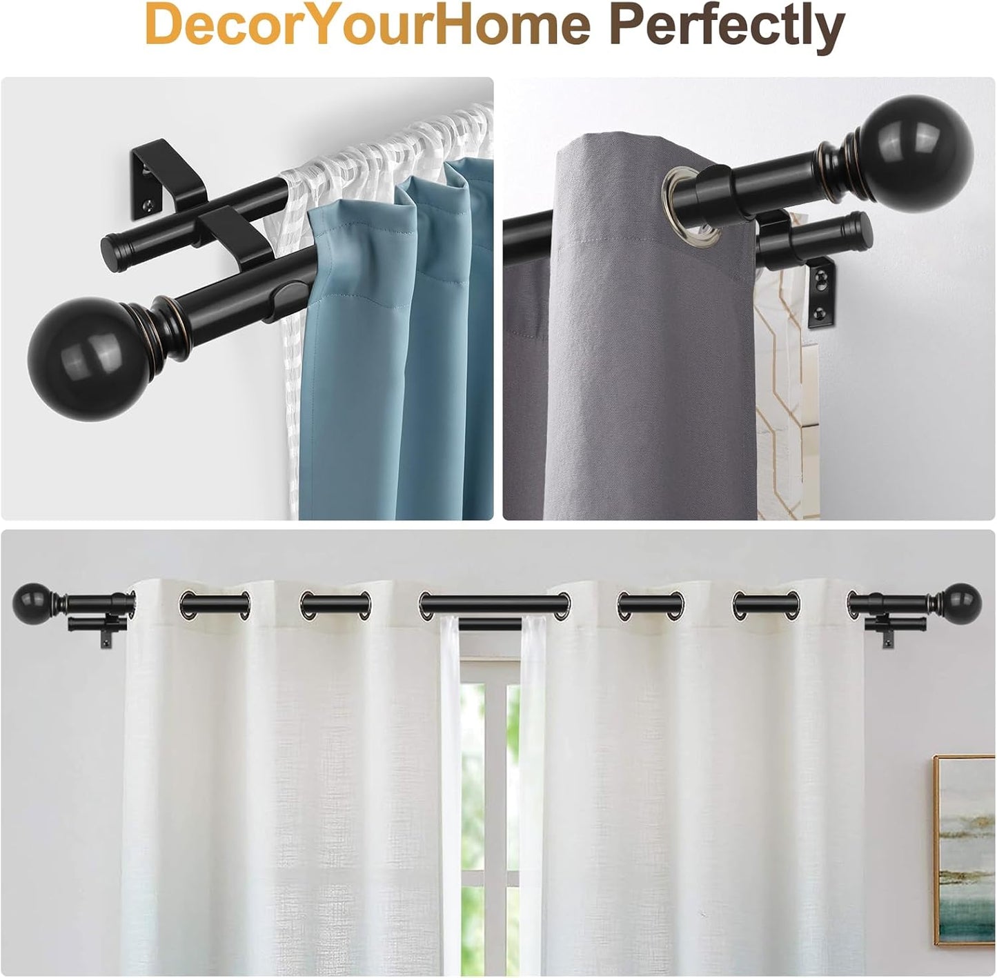 KAMANINA 1 Inch Double Curtain Rod 72 to 144 Inches(6-12 Feet), Black Telescoping Curtain Rods for Windows 66 to 120 Inches, Heavy Duty Drapery Rod with Round Finials