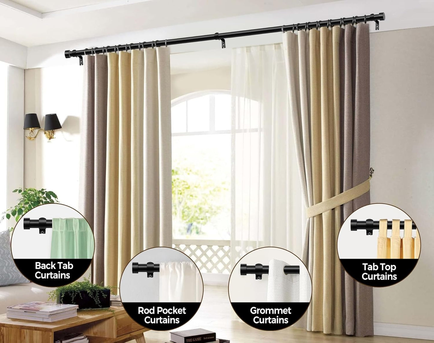KAMANINA Black Curtain Rods 32 to 144 Inch (2.6-12 Feet), 1 Inch Heavy Duty Curtain Rods for Windows, Modern Adjustable Drapery Rods with End Cap (32"-144")