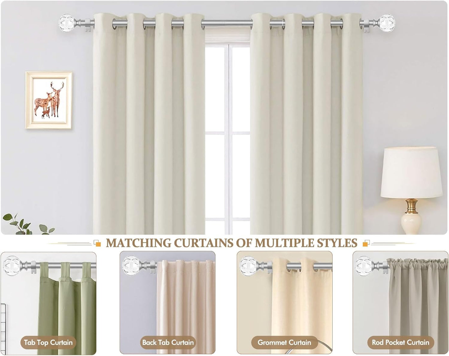 KAMANINA 1 Inch Curtain Rods 32 to 58 Inches (2.6-4.8 Feet) Telescoping Silver Curtain Rod for Windows, Decorative Drapery Rod with Crystal Netted Texture Ends