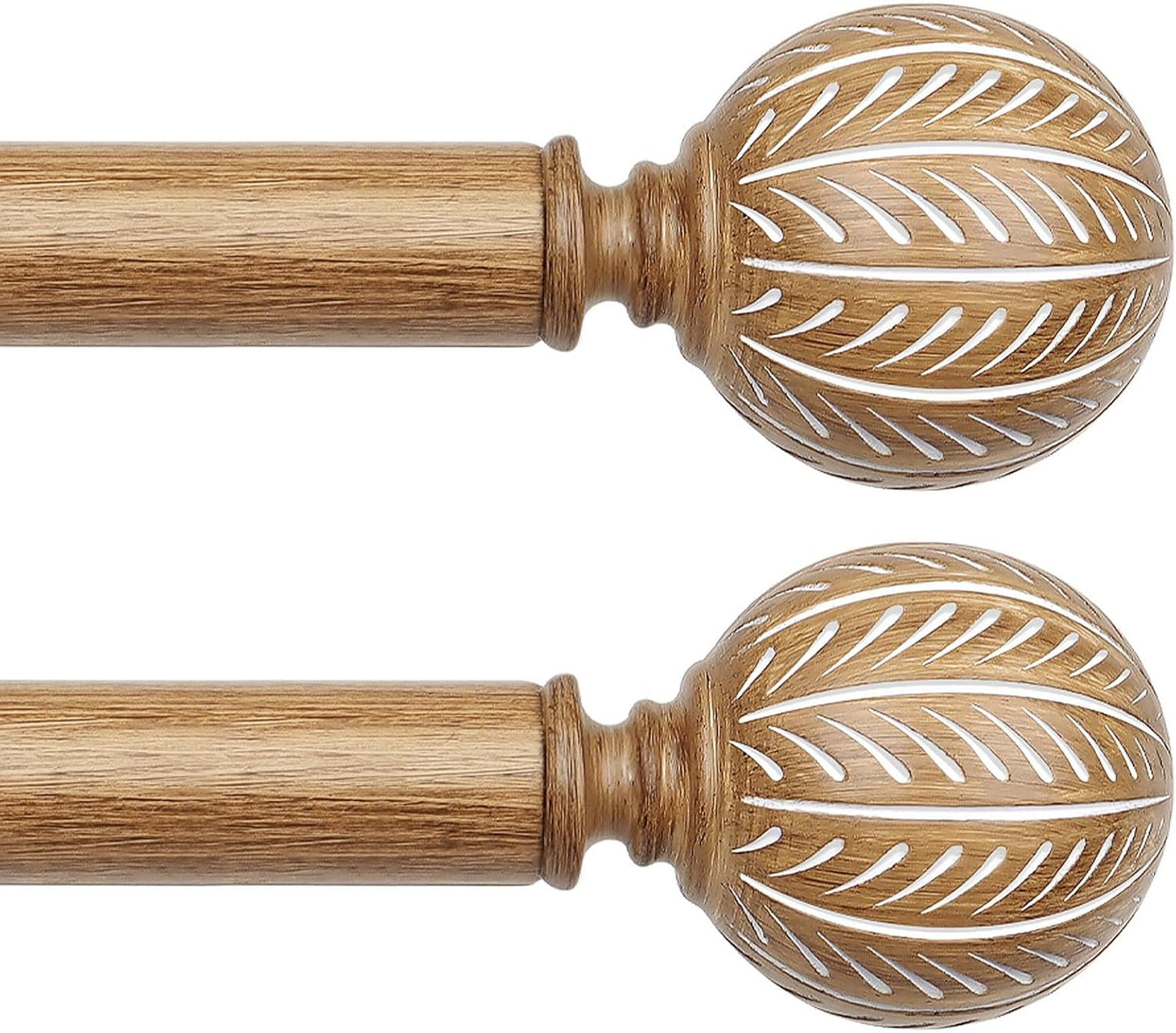 KAMANINA Wood Curtain Rods for Windows 48 to 84 Inch(4-7ft), 1 Inch Adjustable Drapery Rod, Decorative Heavy Duty Curtain Rods with Leaf Pattern Finials, Wood Grain