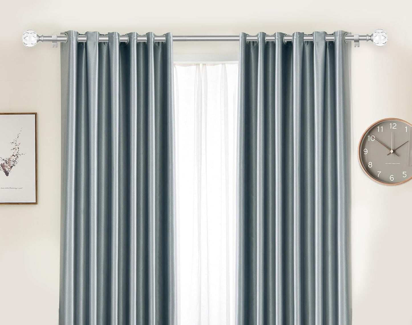 KAMANINA 1 Inch Curtain Rods 32 to 58 Inches (2.6-4.8 Feet) Telescoping Silver Curtain Rod for Windows, Decorative Drapery Rod with Crystal Netted Texture Ends
