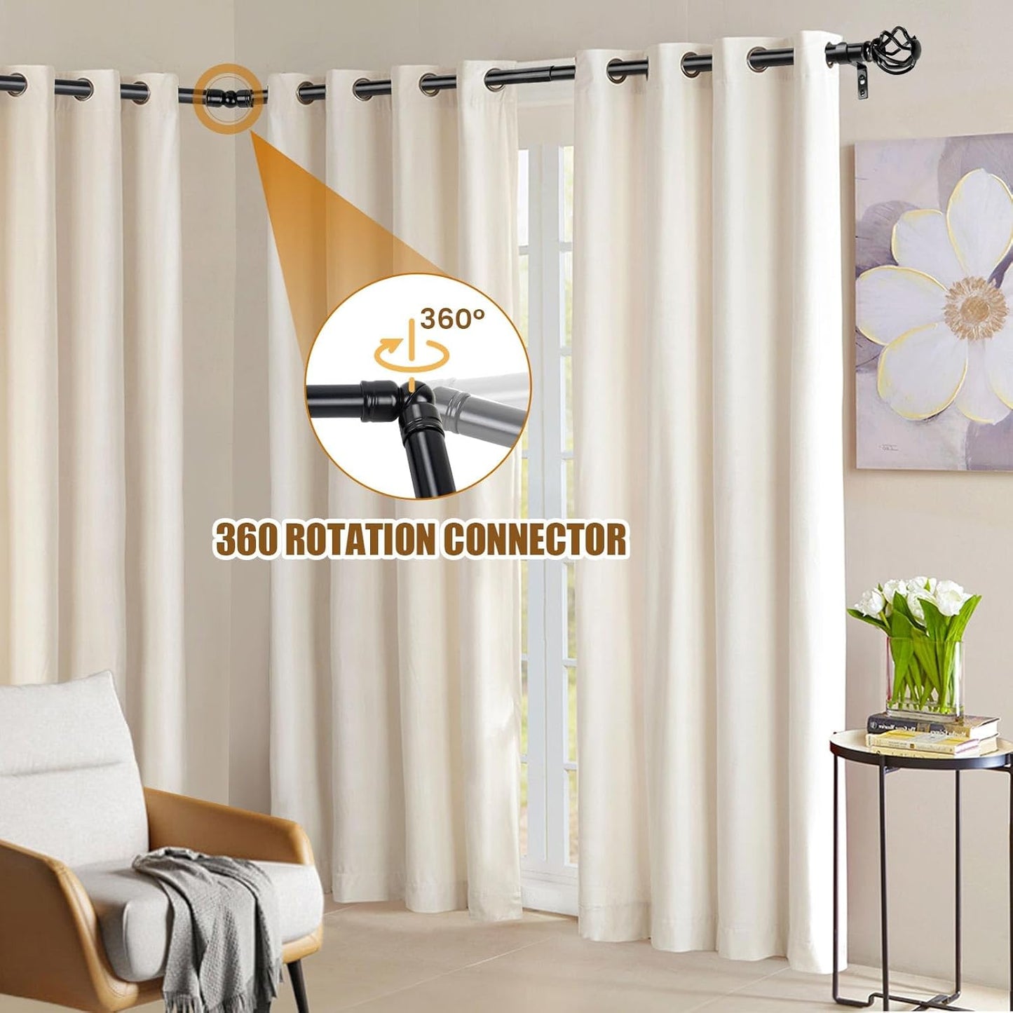 KAMANINA 1 Inch Corner Curtain Rod 36 to 72 Inches (3-6 Feet), Black Curtain Rods for Corner Windows 24 to 68 Inches, Twisted Cage Ends