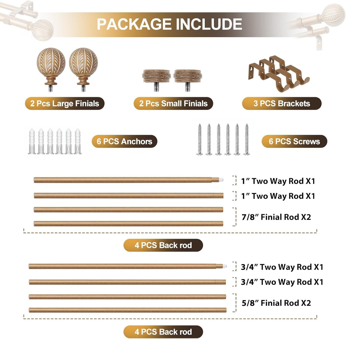 KAMANINA 1 Inch Wood Double Curtain Rods for Windows 66 to 120 Inches (5.5-10 Feet), Heavy Duty Decorative Curtain Rods, Wooden Drapery Rods with Leaf Pattern Finials, Wood Grain