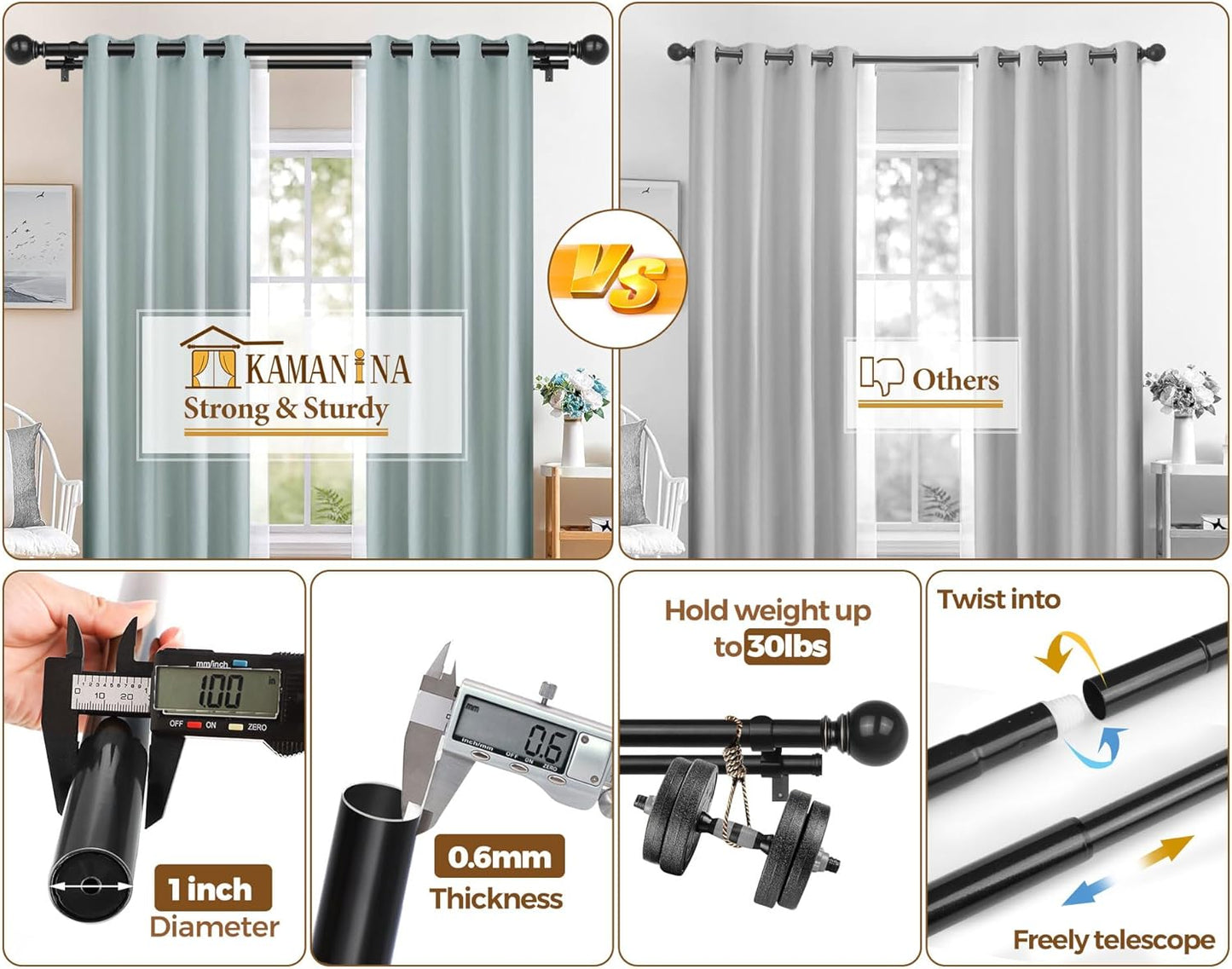 KAMANINA 1 Inch Double Curtain Rod 72 to 144 Inches(6-12 Feet), Black Telescoping Curtain Rods for Windows 66 to 120 Inches, Heavy Duty Drapery Rod with Round Finials