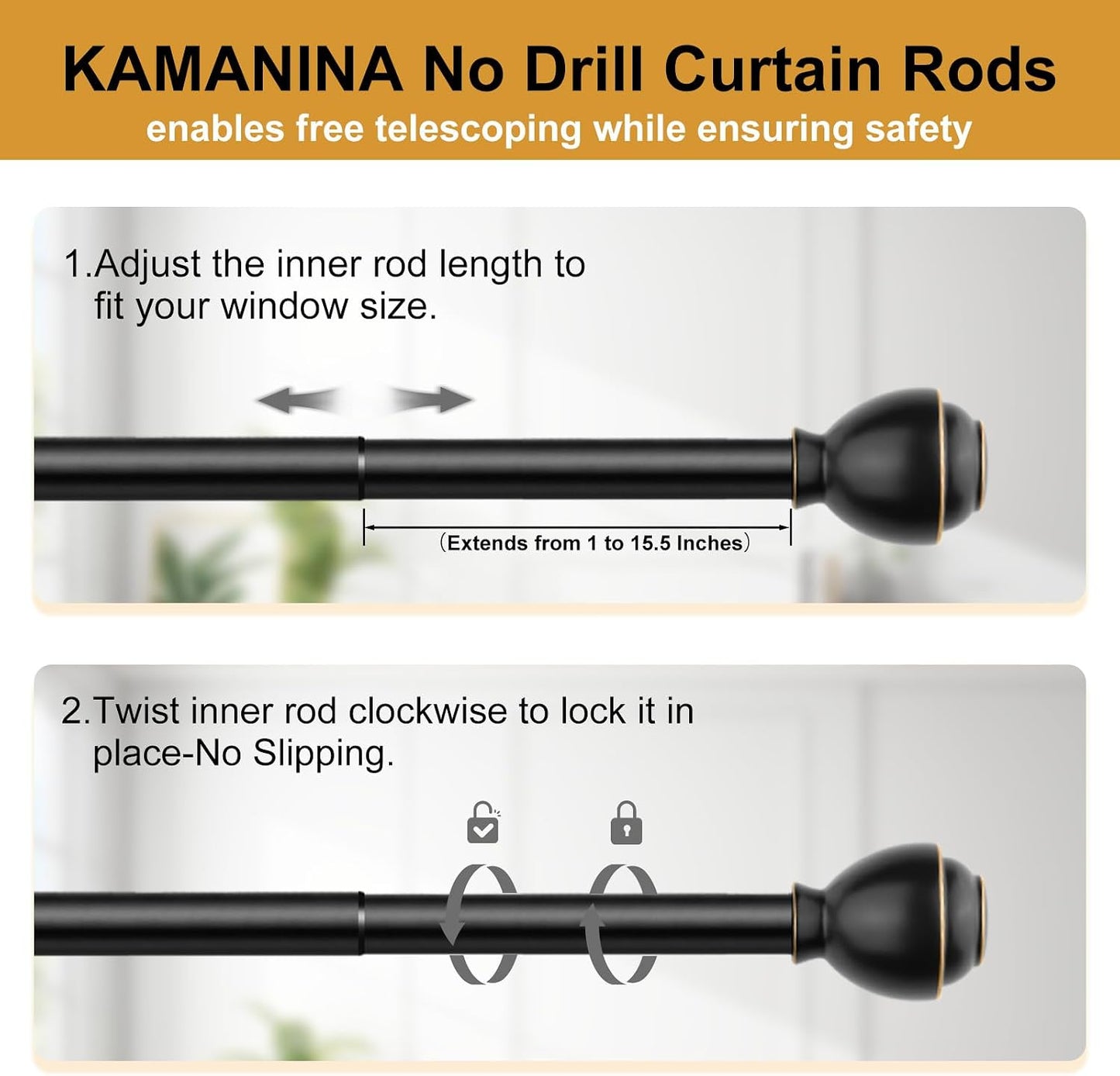 KAMANINA Curtain Rods No Drilling for Windows 16 to 30 Inch Renter Friendly | 5/8 Inch Diameter, Black, Adjustable Small Curtain Rod, 3M Adhesive Brackets without Drilling, No Screw, Easy Install