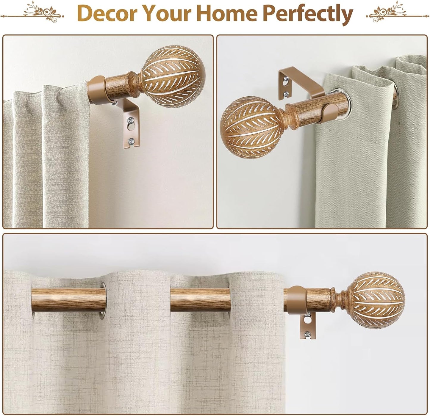 KAMANINA Wood Curtain Rods for Windows 48 to 84 Inch(4-7ft), 1 Inch Adjustable Drapery Rod, Decorative Heavy Duty Curtain Rods with Leaf Pattern Finials, Wood Grain