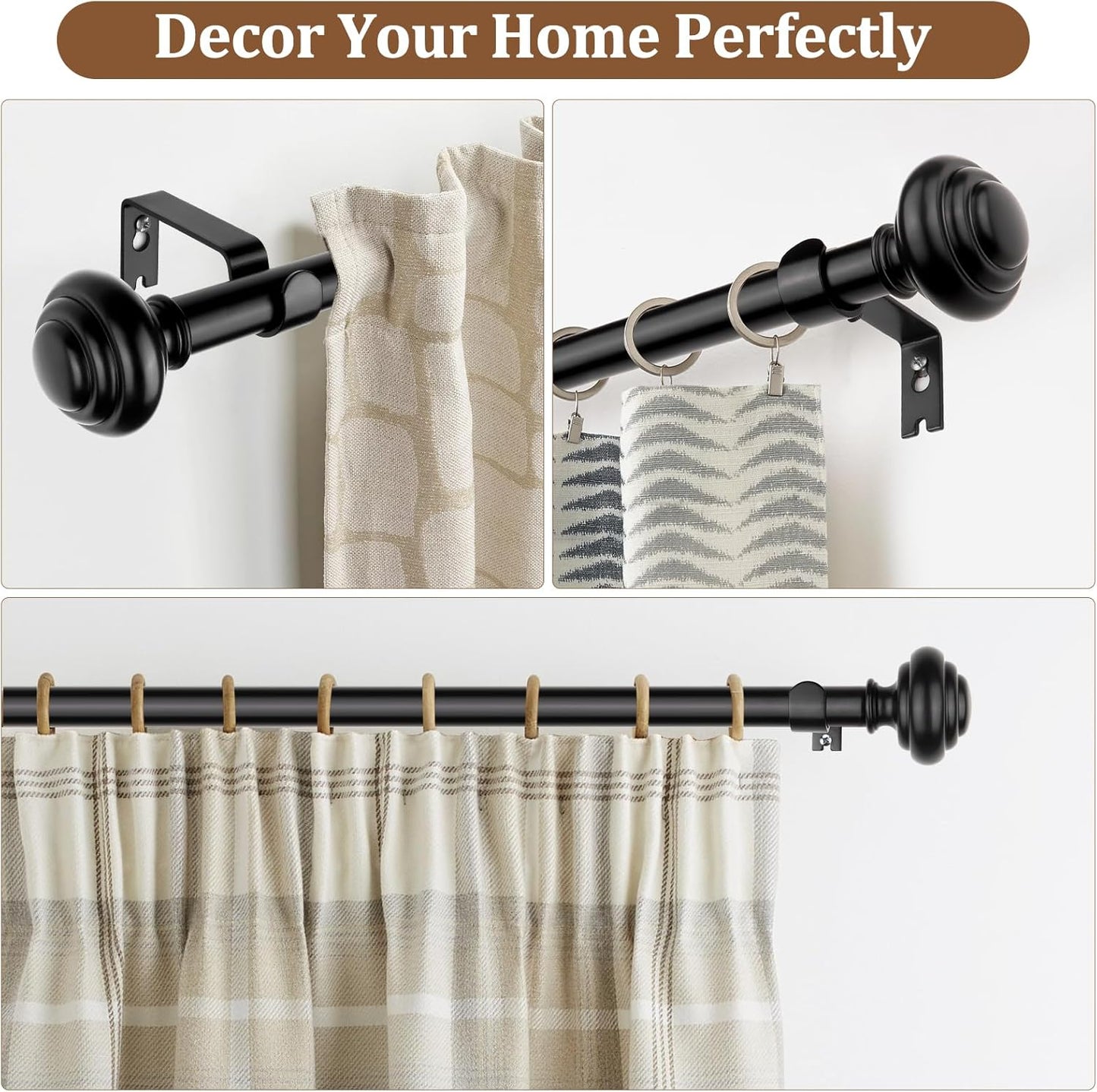 KAMANINA Curtain Rods for Windows 48 to 84 Inches (4-7ft) Heavy Duty Curtain Rods, 7/8 Inch Adjustable Decorative Drapery Rods Set with Modern Finials, Black