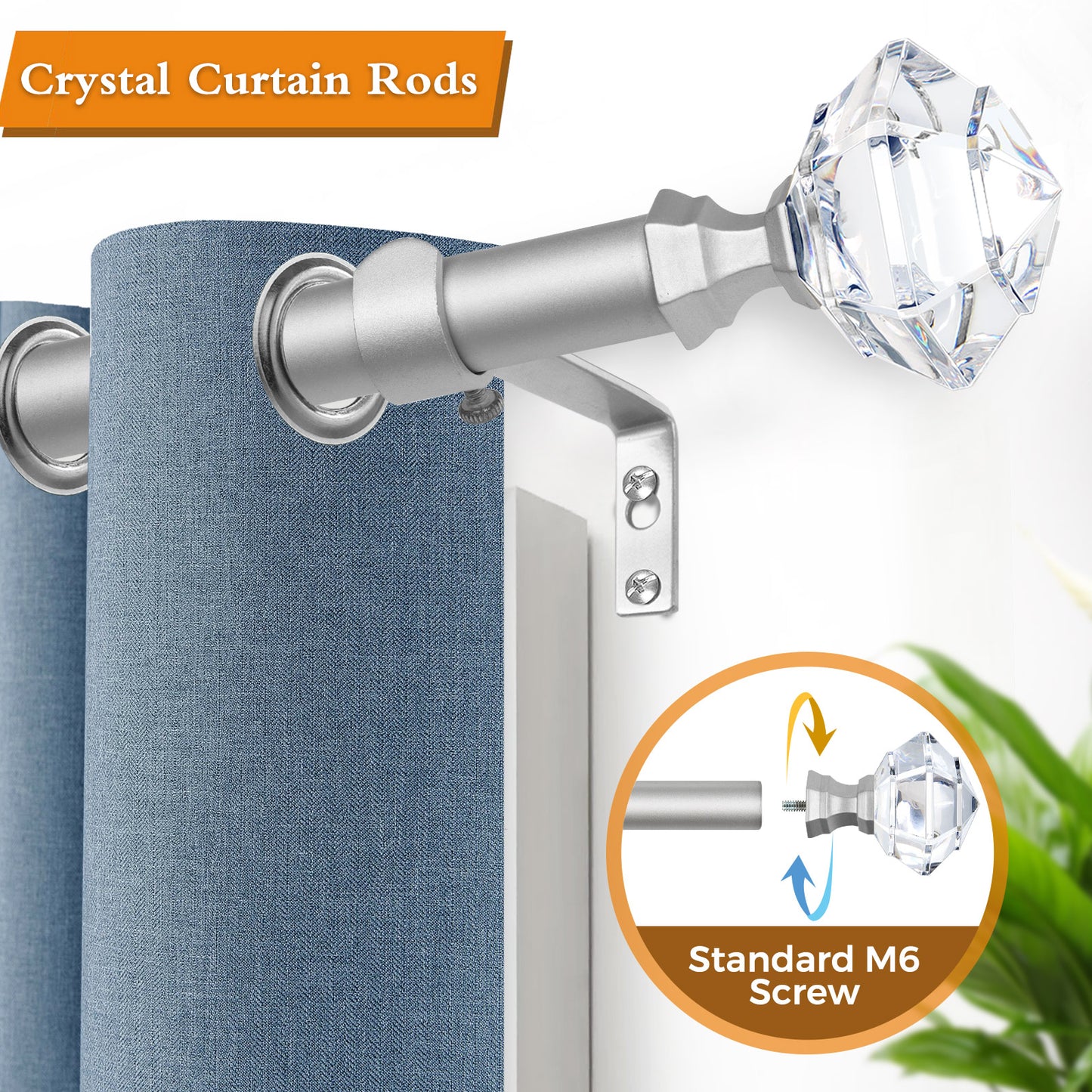 KAMANINA 3/4" Single Curtain Rod with Acrylic Diamond Finial