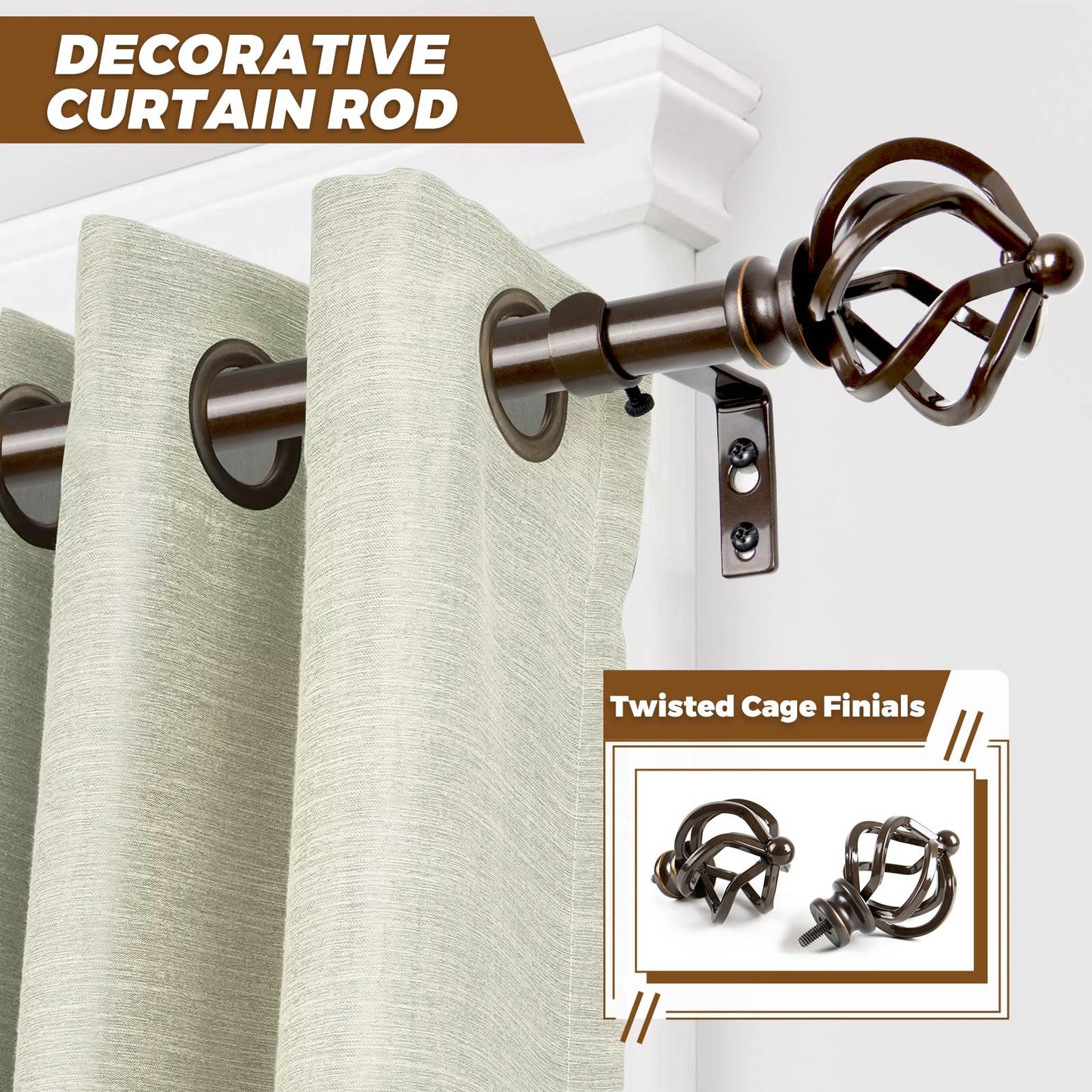 KAMANINA 3/4" Adjustable Single Curtain Rod with Twist Cage Finial