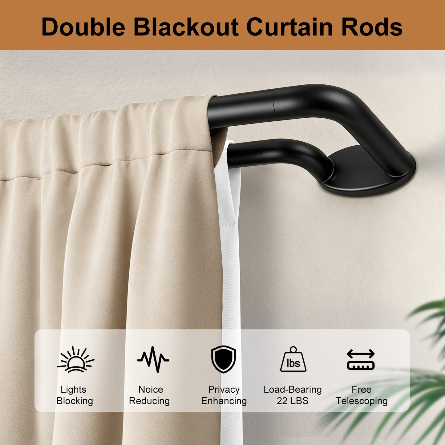 Black Double Curtain Rods 32 to 58 Inches, KAMANINA Blackout Double Curtain Rods for Windows 20 to 54 Inches (1.6-4.5 ft), 6/8 Inches Wrap Around Room Darkening Telescoping Drapery Rod