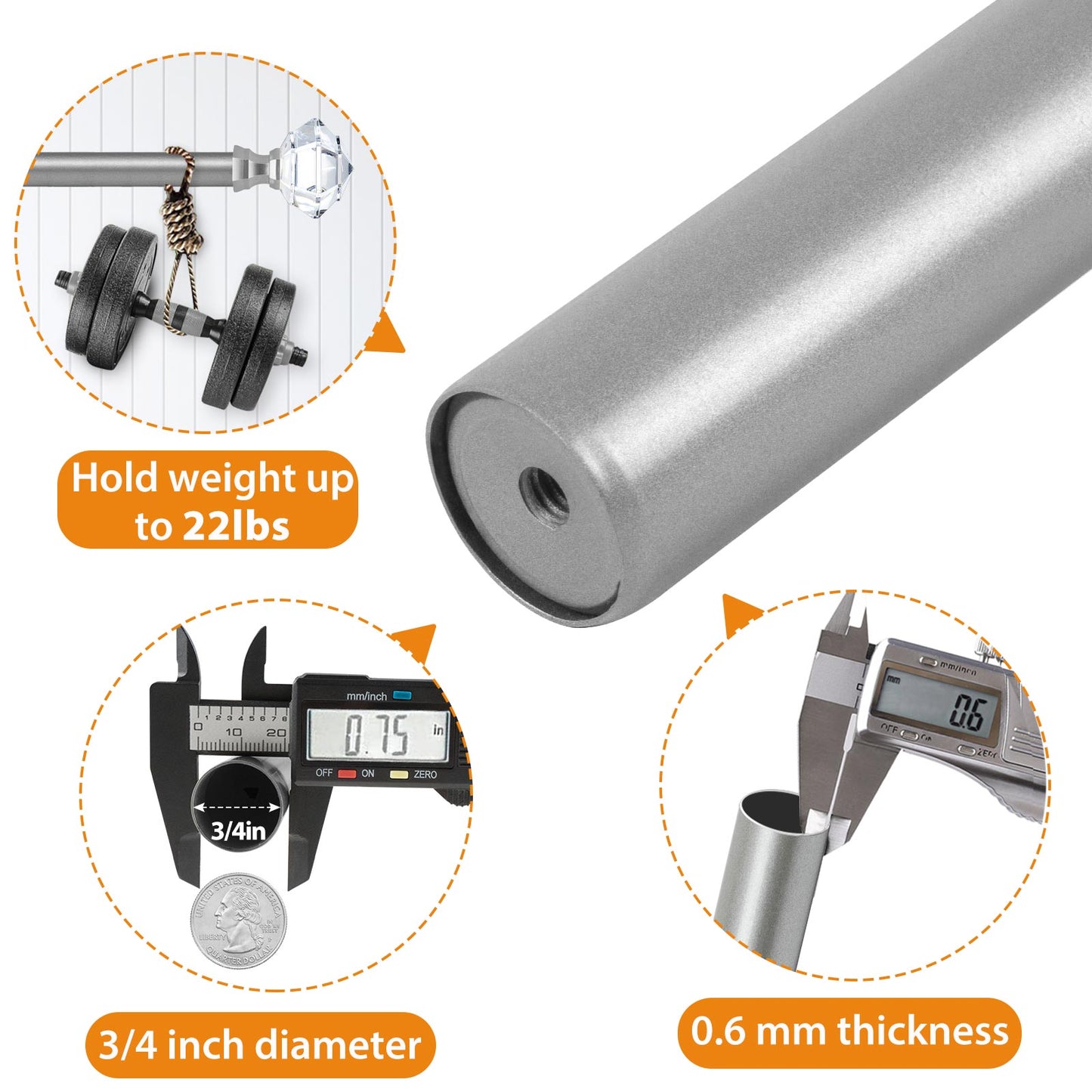 KAMANINA 3/4" Single Curtain Rod with Acrylic Diamond Finial