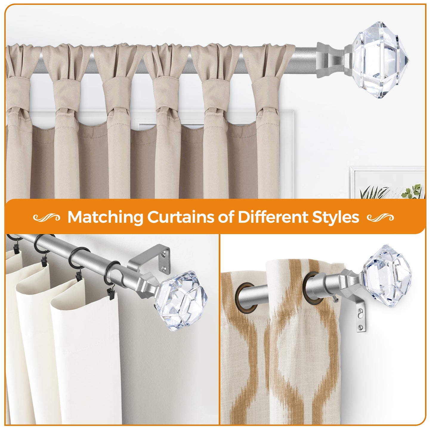 KAMANINA 3/4" Single Curtain Rod with Acrylic Diamond Finial