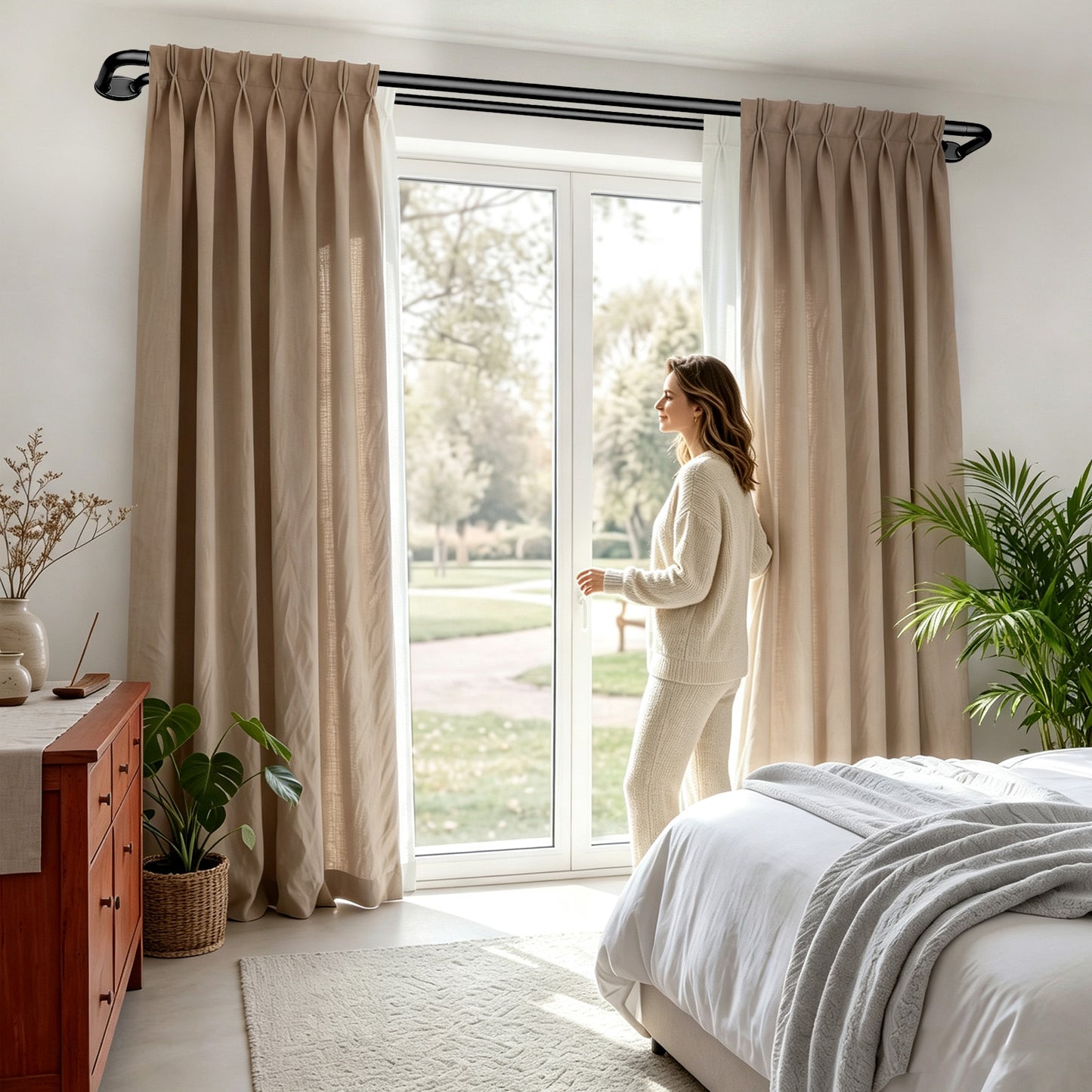 Black Double Curtain Rods 32 to 58 Inches, KAMANINA Blackout Double Curtain Rods for Windows 20 to 54 Inches (1.6-4.5 ft), 6/8 Inches Wrap Around Room Darkening Telescoping Drapery Rod