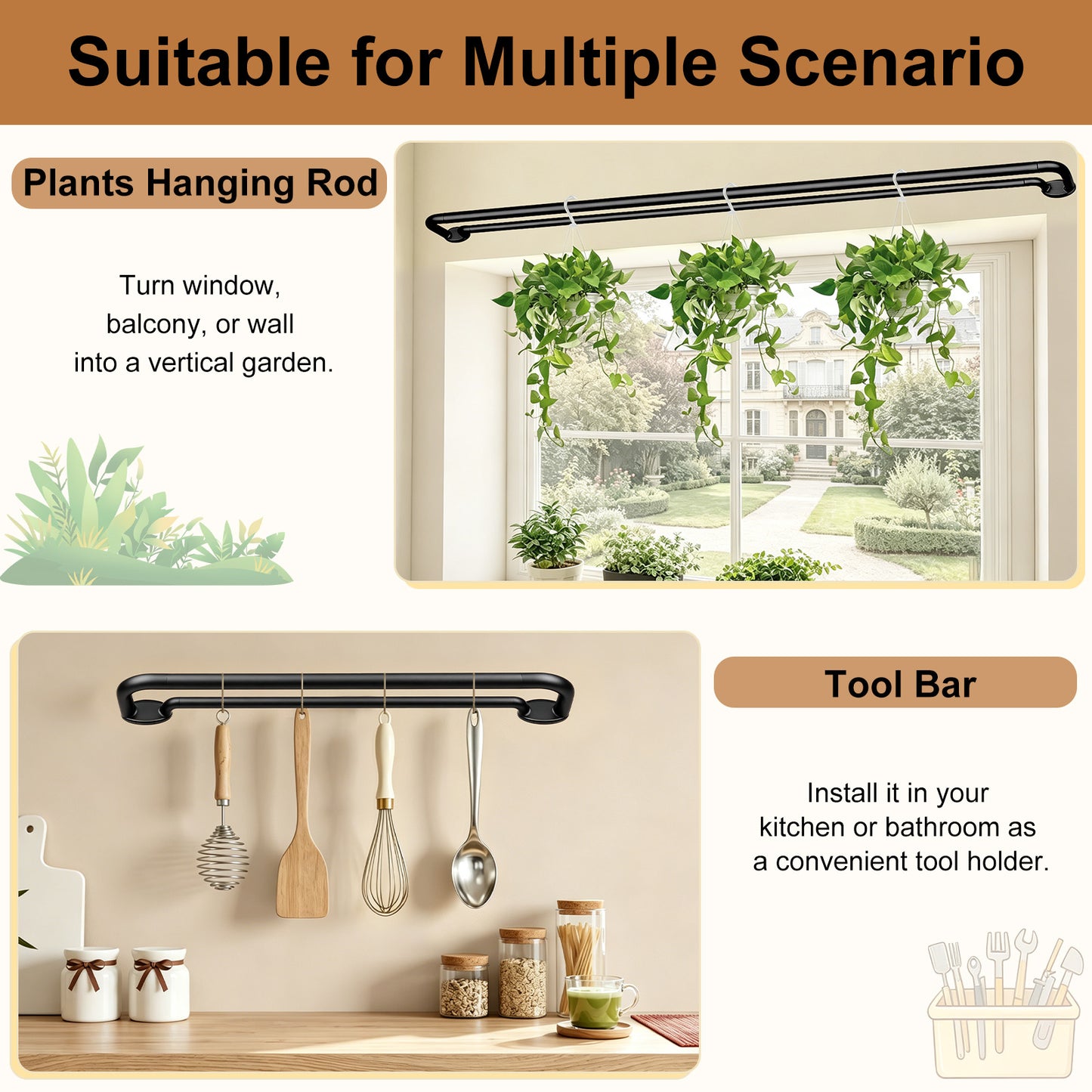 Black Double Curtain Rods 32 to 58 Inches, KAMANINA Blackout Double Curtain Rods for Windows 20 to 54 Inches (1.6-4.5 ft), 6/8 Inches Wrap Around Room Darkening Telescoping Drapery Rod