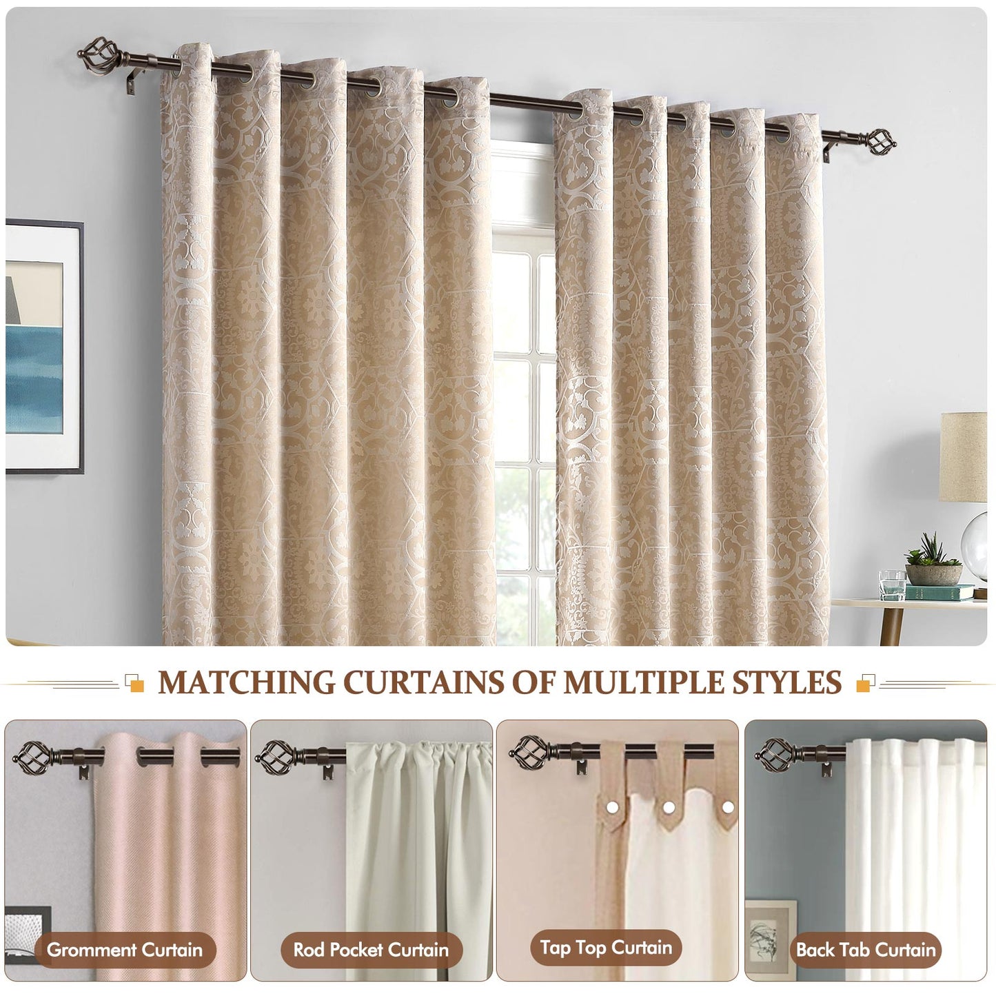KAMANINA 3/4" Adjustable Single Curtain Rod with Twist Cage Finial