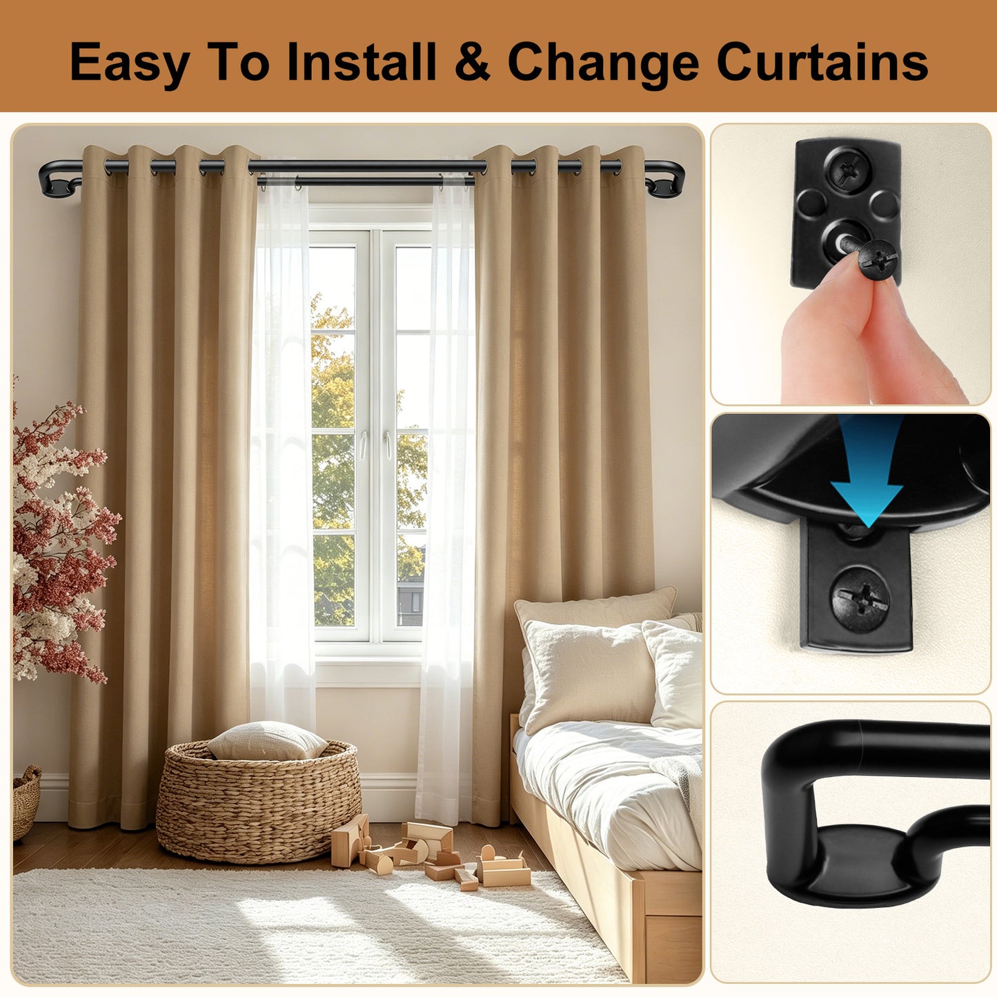 Black Double Curtain Rods 32 to 58 Inches, KAMANINA Blackout Double Curtain Rods for Windows 20 to 54 Inches (1.6-4.5 ft), 6/8 Inches Wrap Around Room Darkening Telescoping Drapery Rod