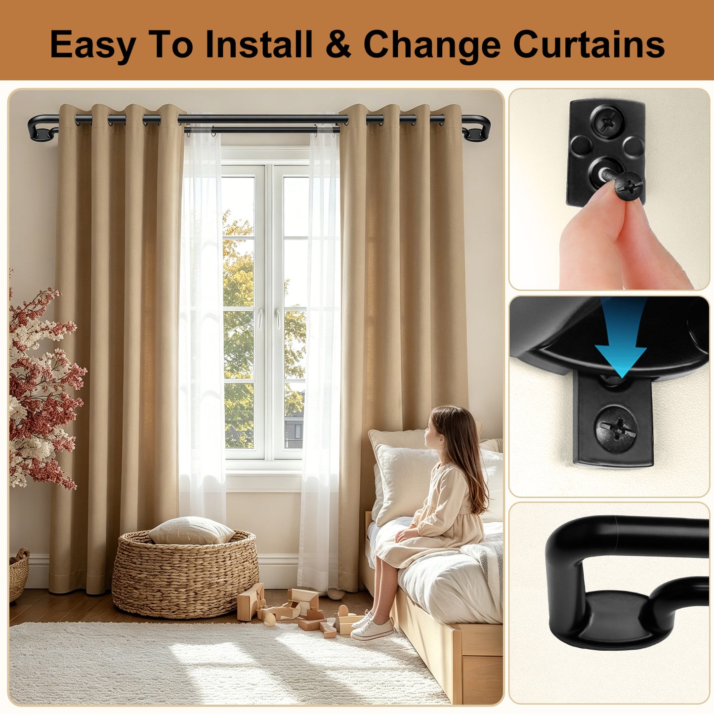 Black Double Curtain Rods 32 to 58 Inches, KAMANINA Blackout Double Curtain Rods for Windows 20 to 54 Inches (1.6-4.5 ft), 6/8 Inches Wrap Around Room Darkening Telescoping Drapery Rod