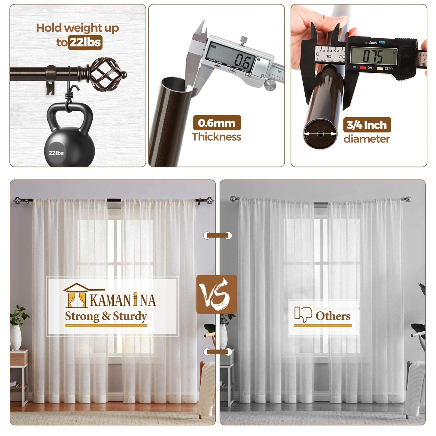 KAMANINA 3/4" Adjustable Single Curtain Rod with Twist Cage Finial