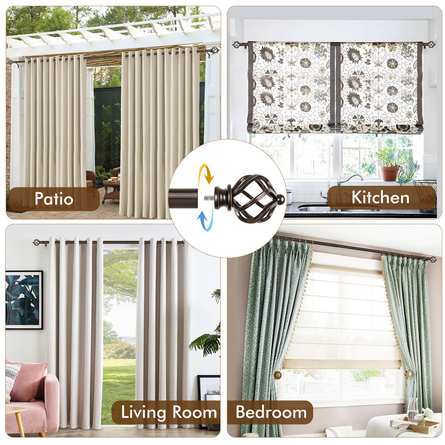 KAMANINA 3/4" Adjustable Single Curtain Rod with Twist Cage Finial