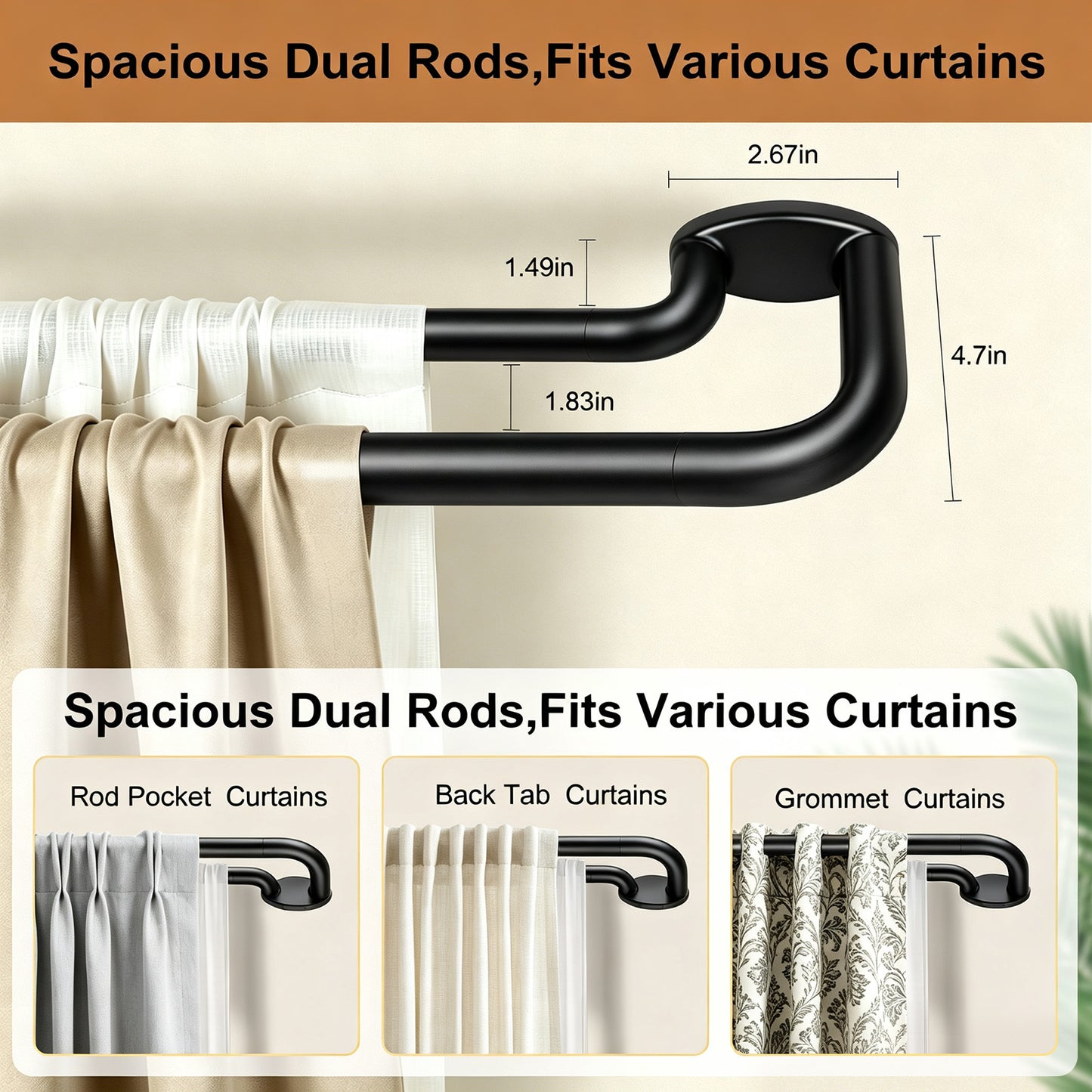 Black Double Curtain Rods 32 to 58 Inches, KAMANINA Blackout Double Curtain Rods for Windows 20 to 54 Inches (1.6-4.5 ft), 6/8 Inches Wrap Around Room Darkening Telescoping Drapery Rod