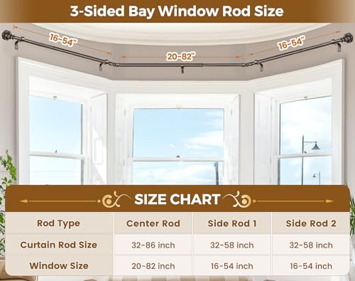 KAMANINA Bay Window Curtain Rods, Telescoping Curtain Rods for Bay Windows 32 to 86 Inch(Center Rod), Bronze Curtain Rod 32 to 58 Inch(Side Rods), Netted Texture Ends