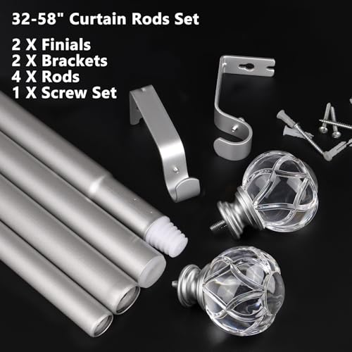 KAMANINA 1 Inch Curtain Rods 32 to 58 Inches (2.6-4.8 Feet) Telescoping Silver Curtain Rod for Windows, Decorative Drapery Rod with Crystal Netted Texture Ends