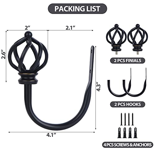 Drapery Holdbacks Twisted Cage Finials, Black(1 Pair/2 Pack)