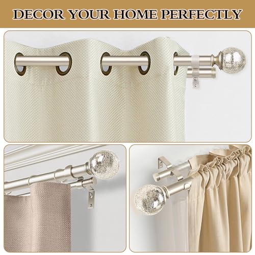 KAMANINA 1 Inch Double Curtain Rod Gold Curtain Rods for Windows, Heavy Duty Drapery Rod with Crackle Glass Finials