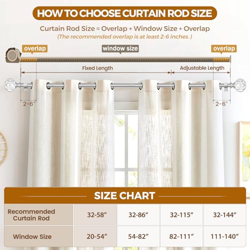 KAMANINA 1 Inch Curtain Rods 32 to 58 Inches (2.6-4.8 Feet) Telescoping Silver Curtain Rod for Windows, Decorative Drapery Rod with Crystal Netted Texture Ends